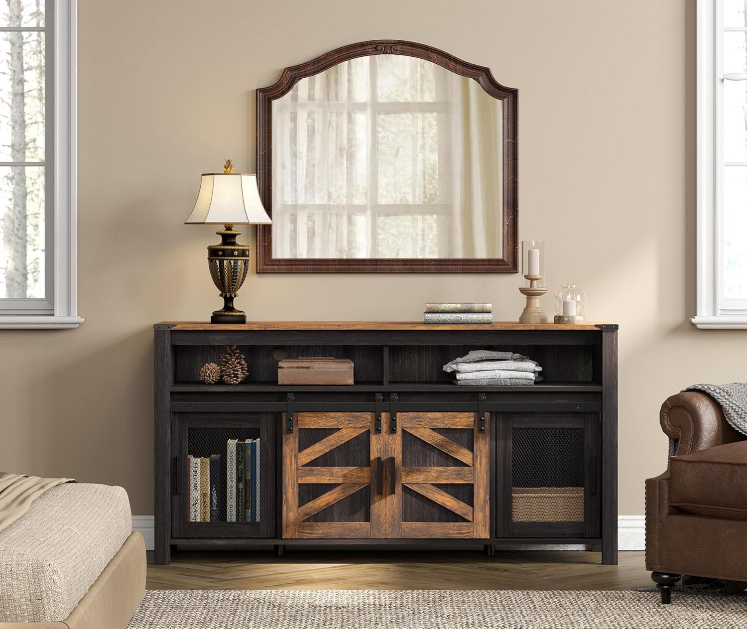 WAMPAT Farmhouse TV Stand for 65 Inch TV, Antique Black & Brown Entertainment Center with Sliding Barn Doors and Mesh Doors, Tall Media Console with Open Storage Space for Living Room, 59x15.4x31
