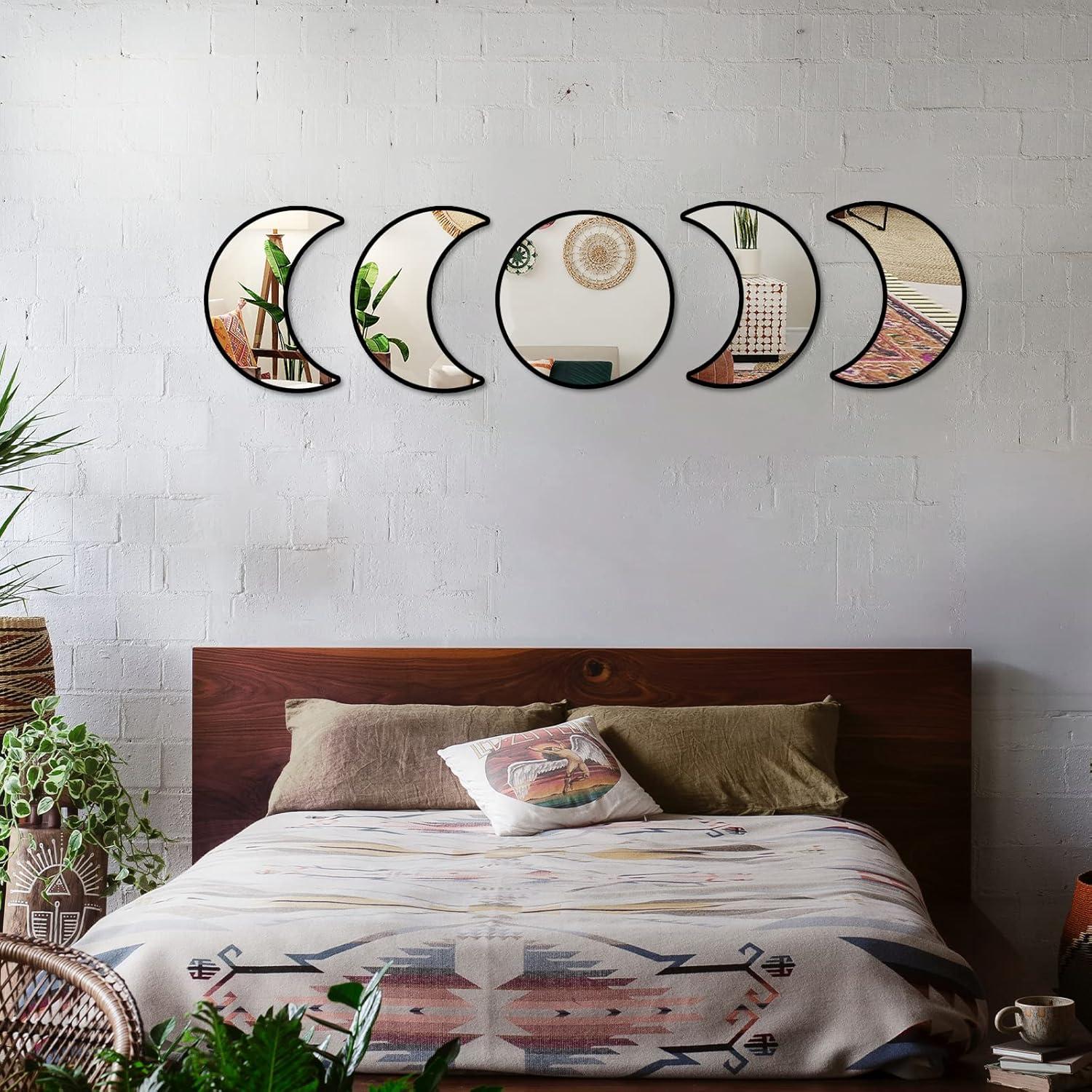 YUBAIHUI Moon Phase Mirror Set, 5pcs Boho Moon Wall Decor for Home Bohemian Bedroom Decoration Living Room Decor, Acrylic Mirror,Not Real Mirror