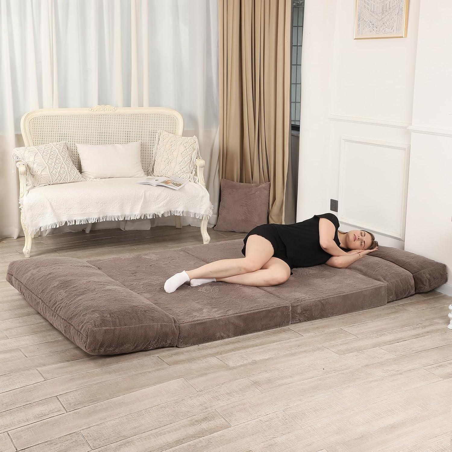 Bean Bag Bed for Adults, 54x95 Inch Floor Sofa Bed with Washable Soft Faux Fur Cover, Fluffy Soft Foldable Couch for Living Room, Bedroom, Guest Room (Brown)