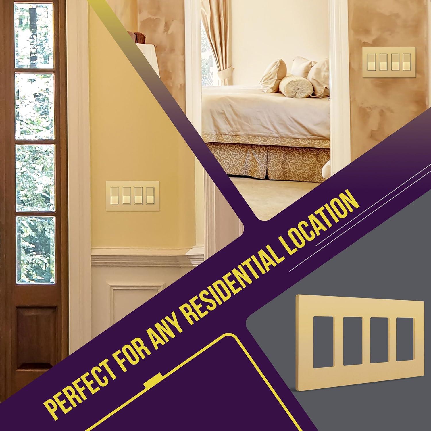 ENERLITES Elite Series Screwless Decorator Wall Plate Child Safe Outlet Cover, Gloss Finish, Size 4-Gang 4.68" H x 8.30" L, Unbreakable Polycarbonate Thermoplastic, SI8834-GD, Gold