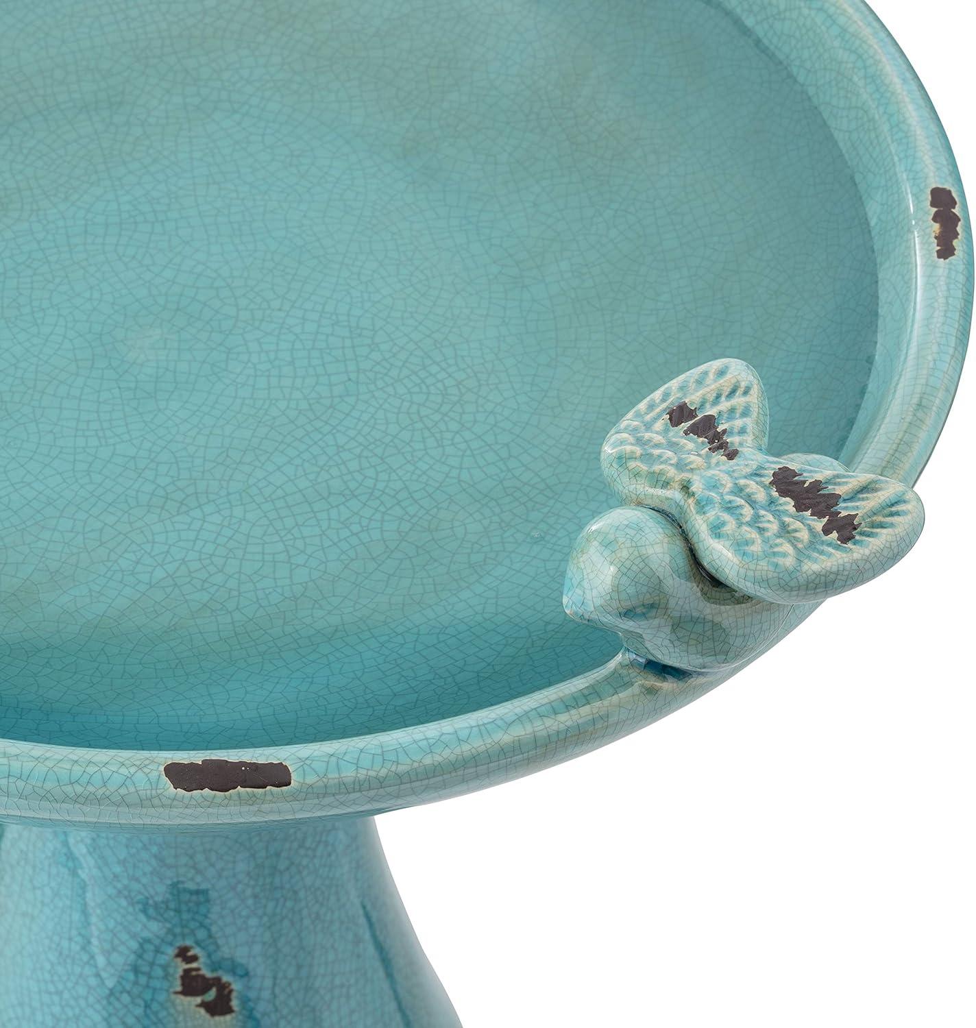 Alpine Corporation Ceramic Pedestal Bird Bath with Bird Figurines, Turquoise