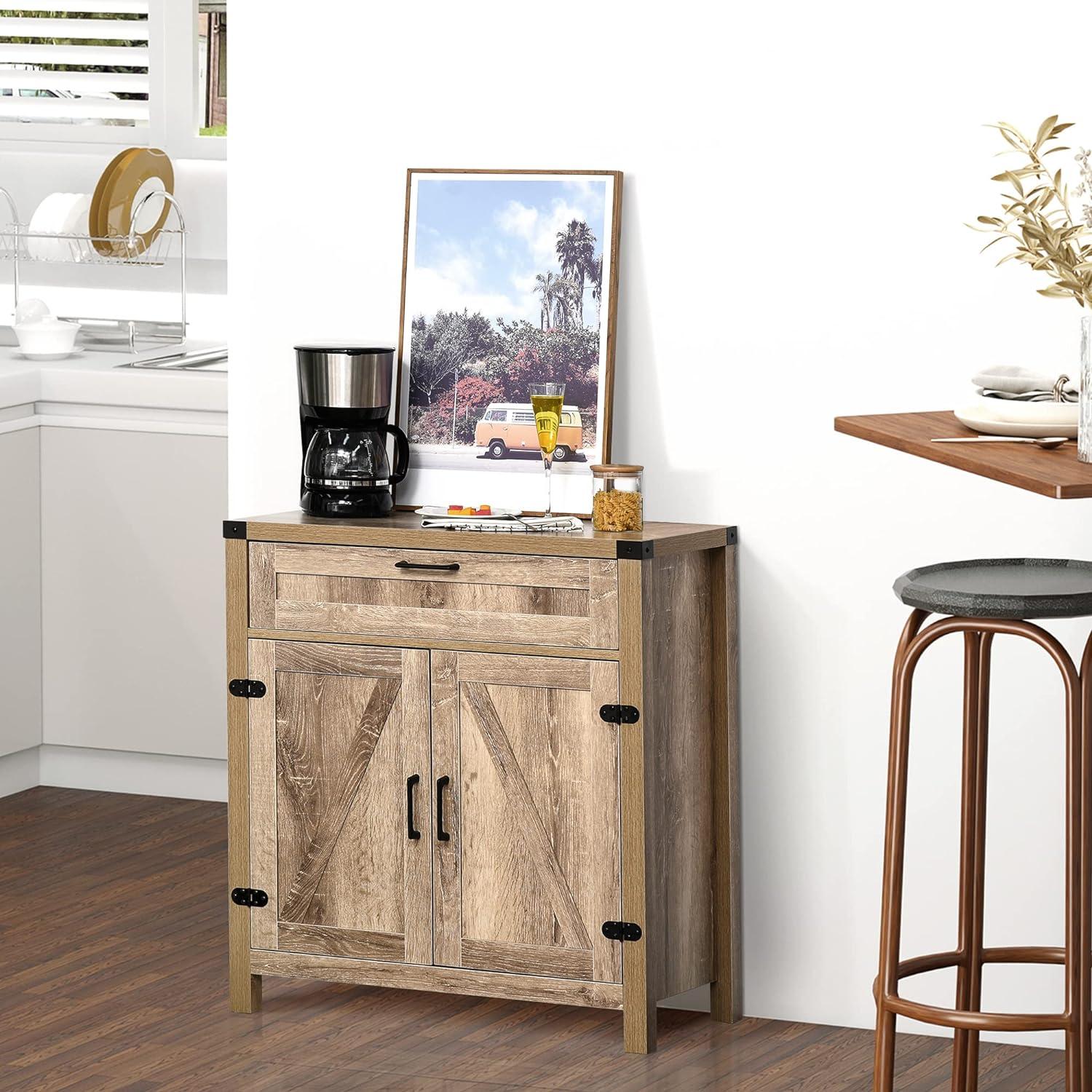 Rustic Oak Farmhouse Sideboard with Barn Door and Adjustable Shelf