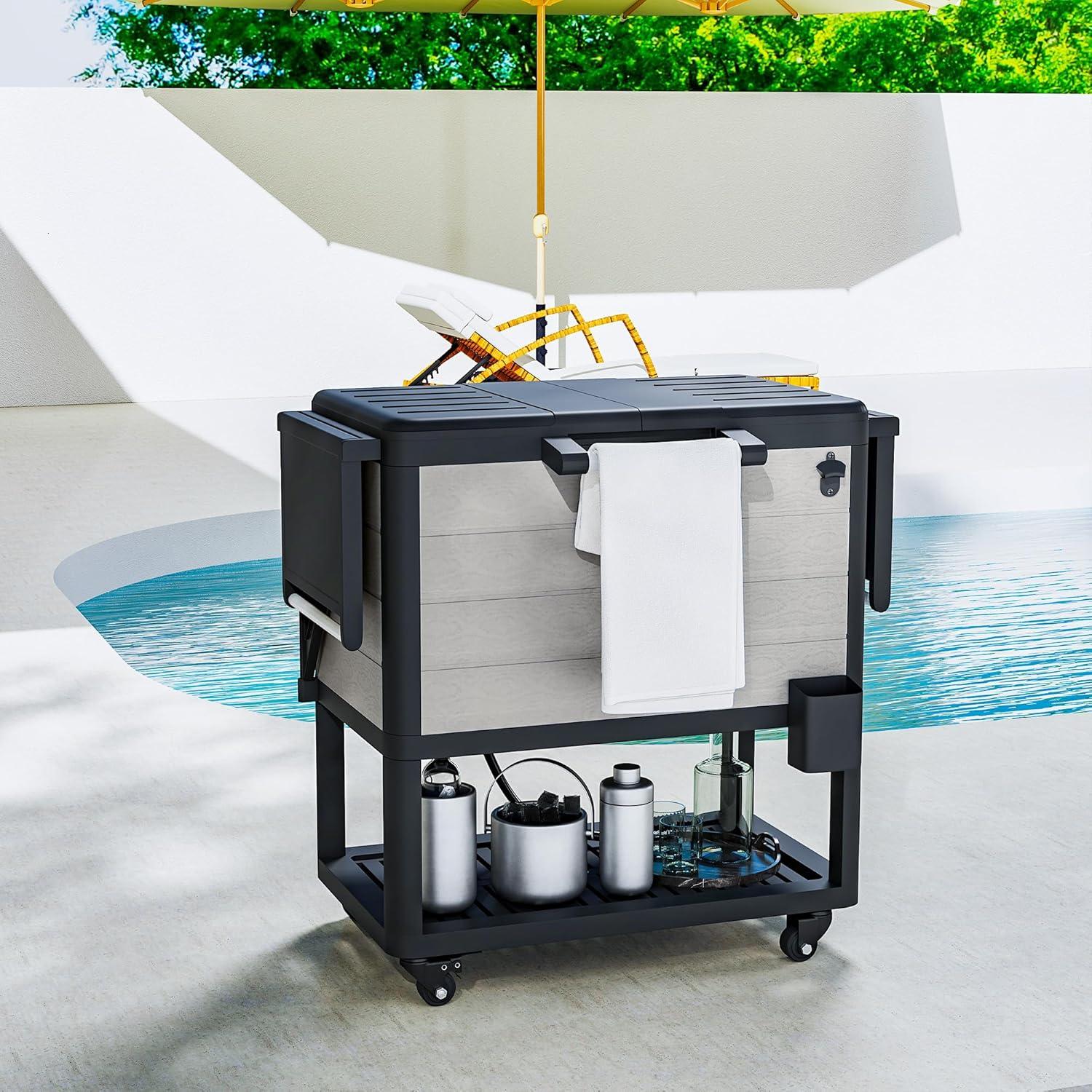 Outsunny 104 Quart Patio Cooler Cart, Outdoor Beverage Rolling Ice Chest with Bottle Opener and Shelves for Pool Deck BBQ Cookouts Party, Gray
