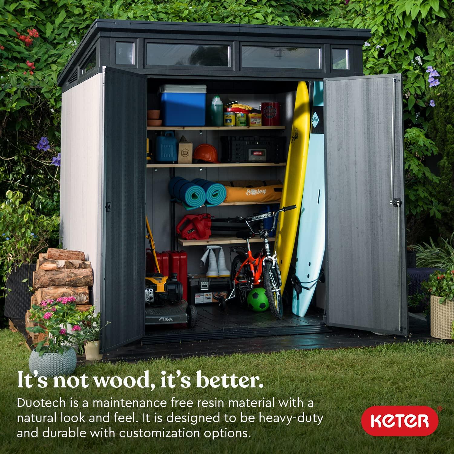 Keter Keter Artisan 7x7 ft. Modern Durable Resin Outdoor Storage Shed With Floor and Double Doors for Garden Patio Furniture and Tools, Grey