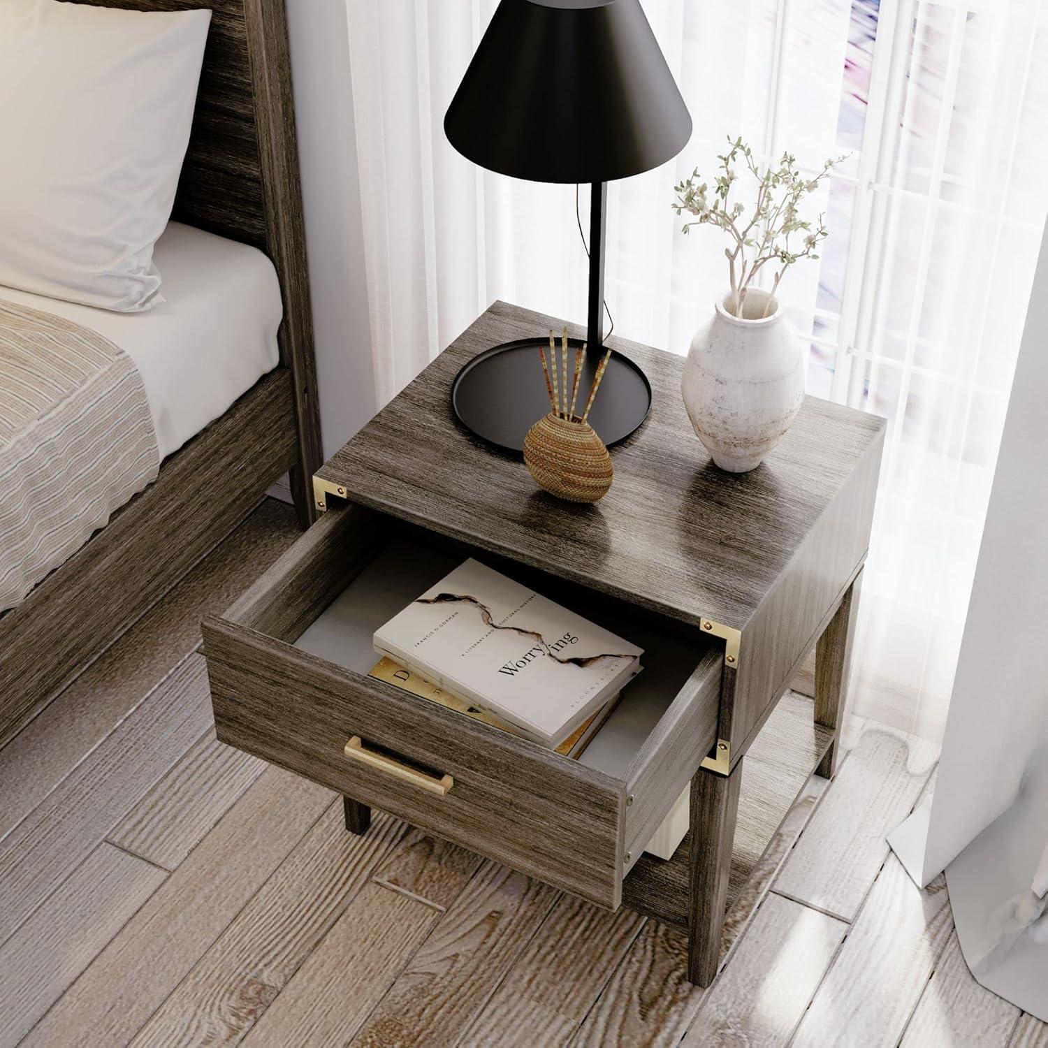 Plank+Beam Solid Wood Nightstand with 1 Drawer, Contemporary Side Table for Bedroom, Clay