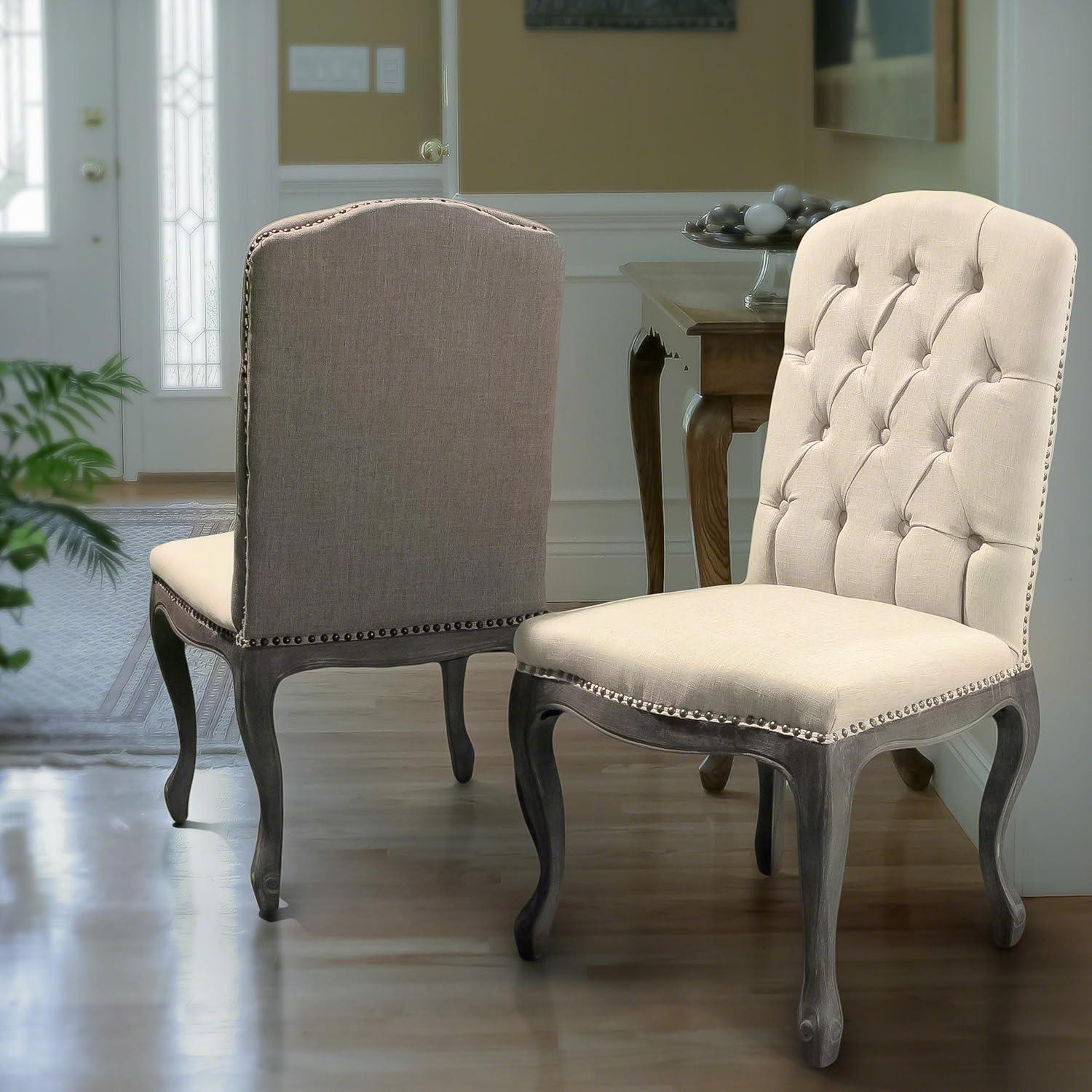 Jolie Beige Linen Tufted Dining Chairs with Birch Frame, Set of 2