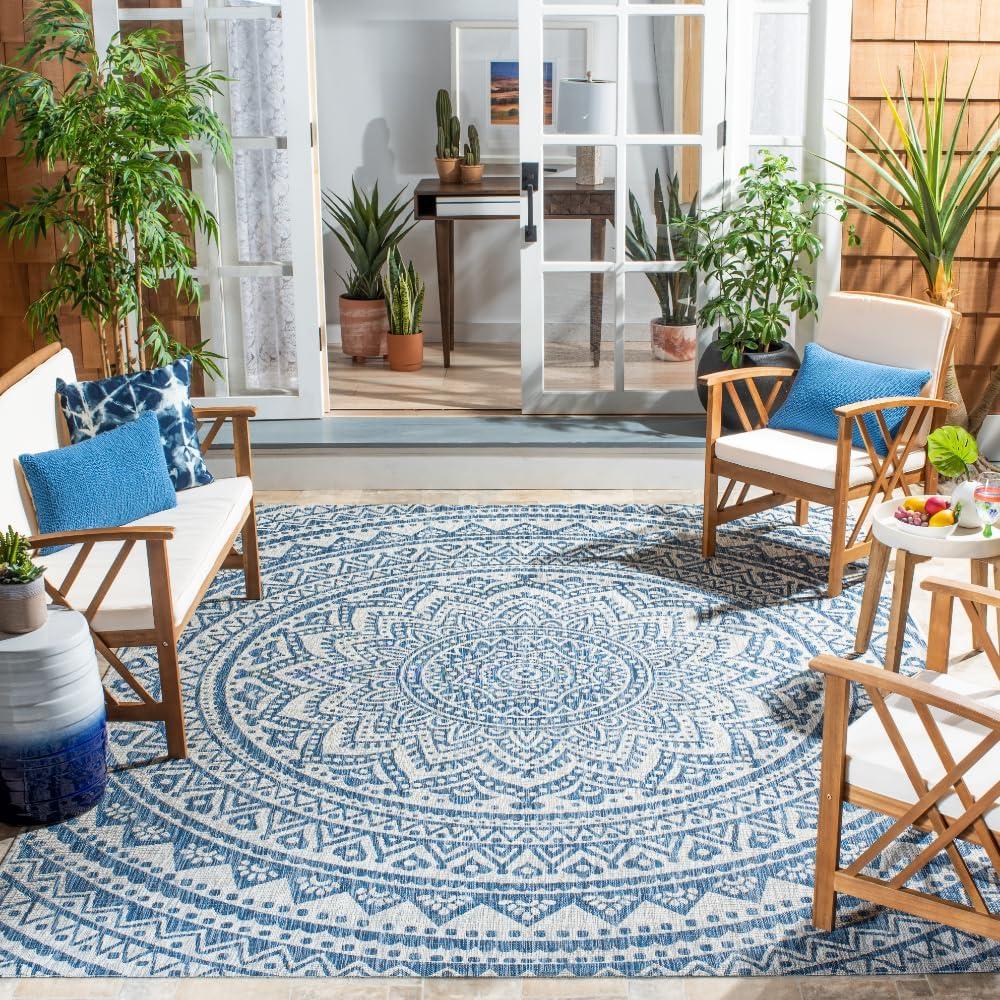 SAFAVIEH Courtyard Josiah Floral Medallion Indoor/Outdoor Area Rug, Light Grey/Blue, 8' x 10'