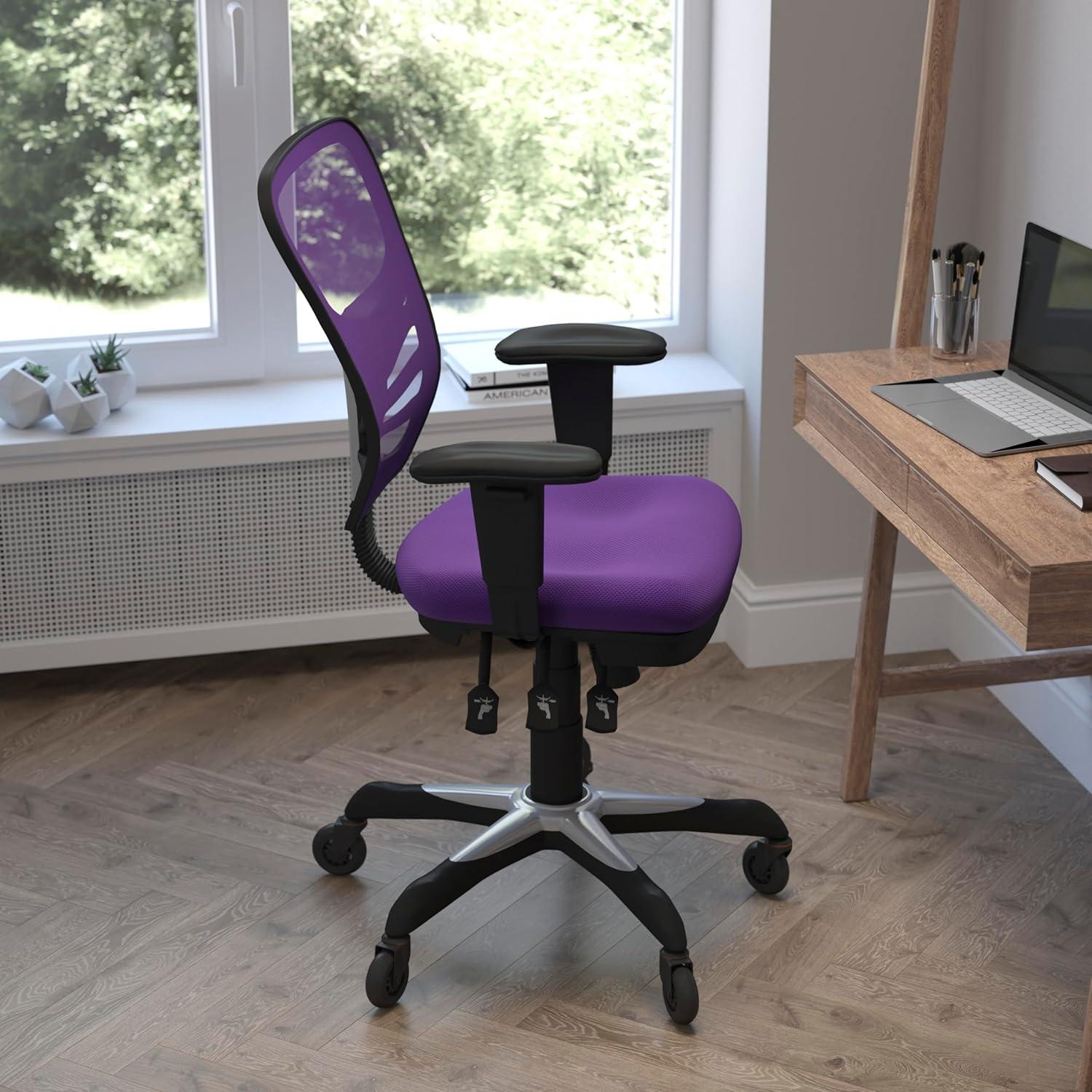 Flash Furniture Nicholas Mid-Back Purple Mesh Multifunction Executive Swivel Ergonomic Office Chair with Adjustable Arms and Transparent Roller Wheels