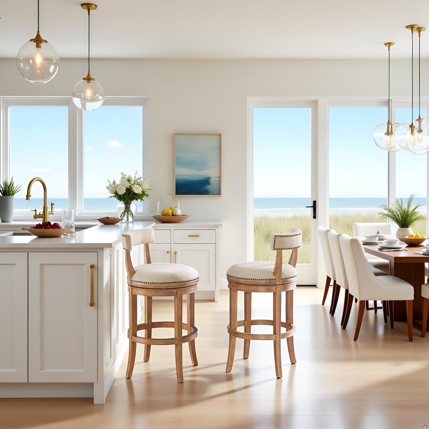 Alaterre Hanover Swivel Bar Height Stool, Weathered Brown and Beige, Solid Rubberwood Frame with Faux Linen Upholstered Seat, Nailhead Trim, Memory Return Swivel, 20 in. W x 22 in. D x 41 in. H