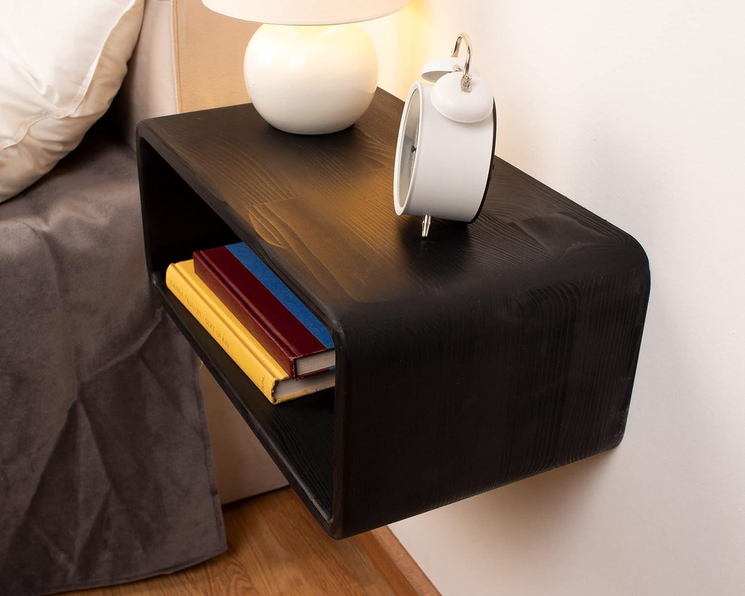 Black Spruce Wood Floating Nightstand with Open Shelf