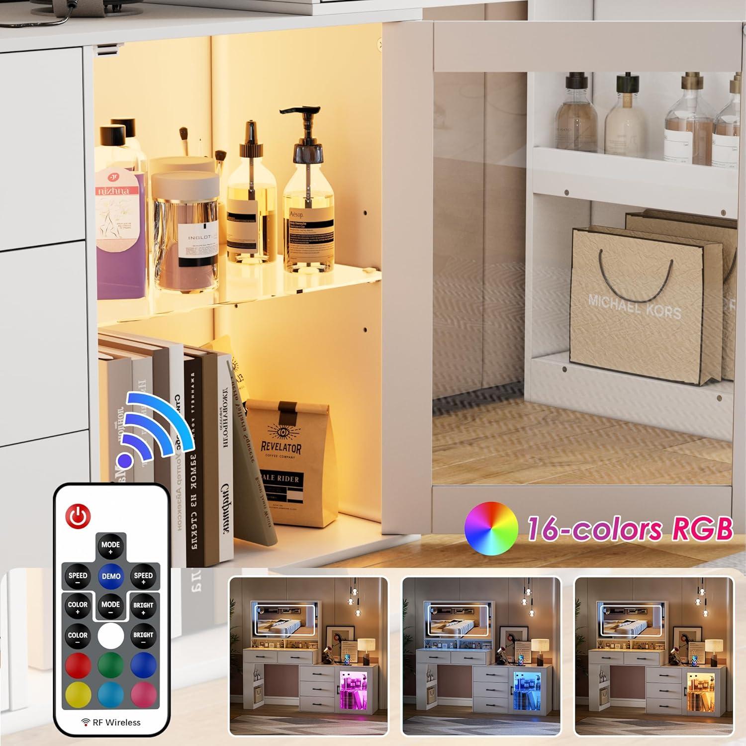 PAKASEPT Vanity Desk with Mirror and Lights, Corner Makeup Table with 3 Color Lighting, White Vanity with Power Strip & Hooks, Hidden and Open Shelves, Adjustable Brightness, 47.2 Inch