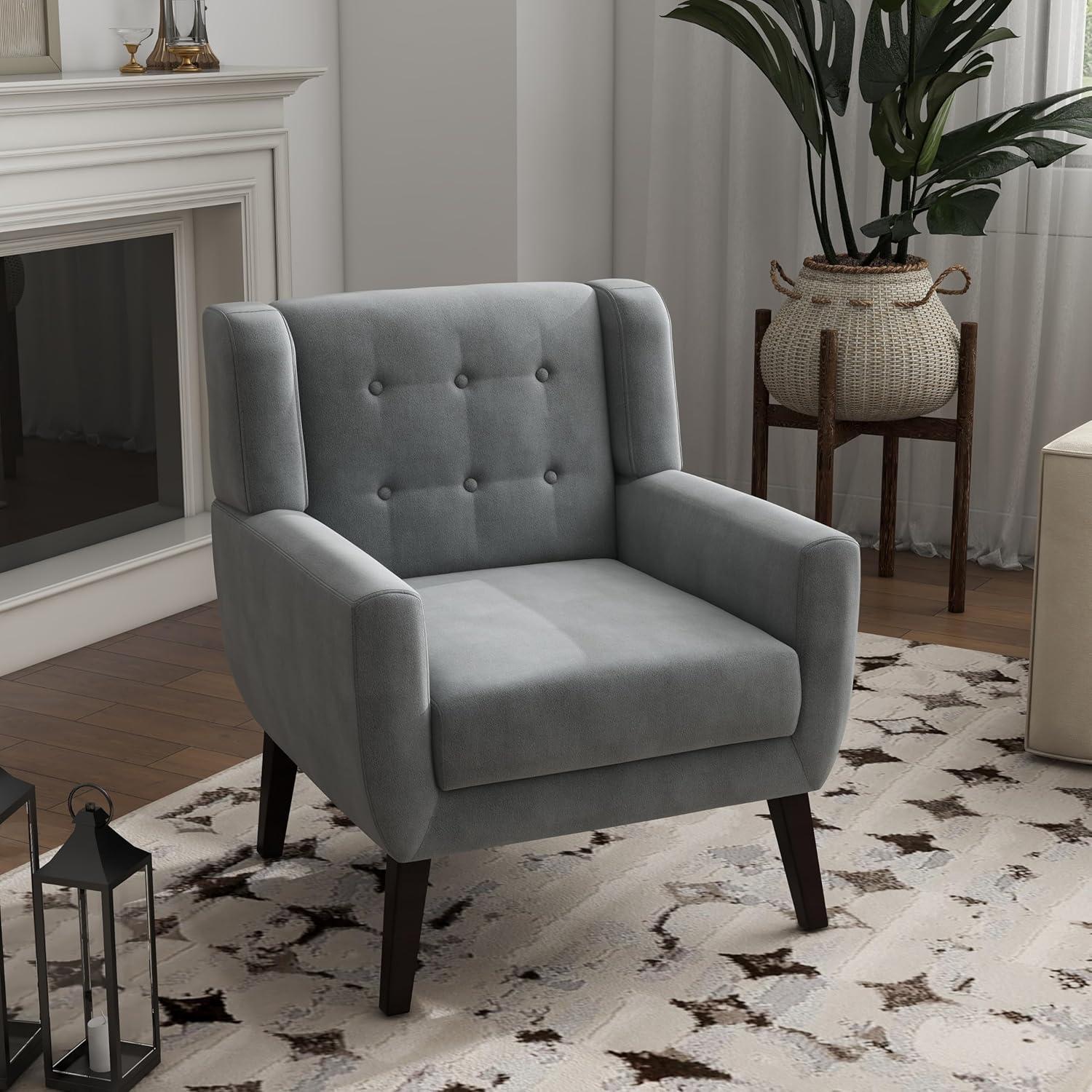 Gray Velvet Upholstered Accent Chair with Wooden Legs