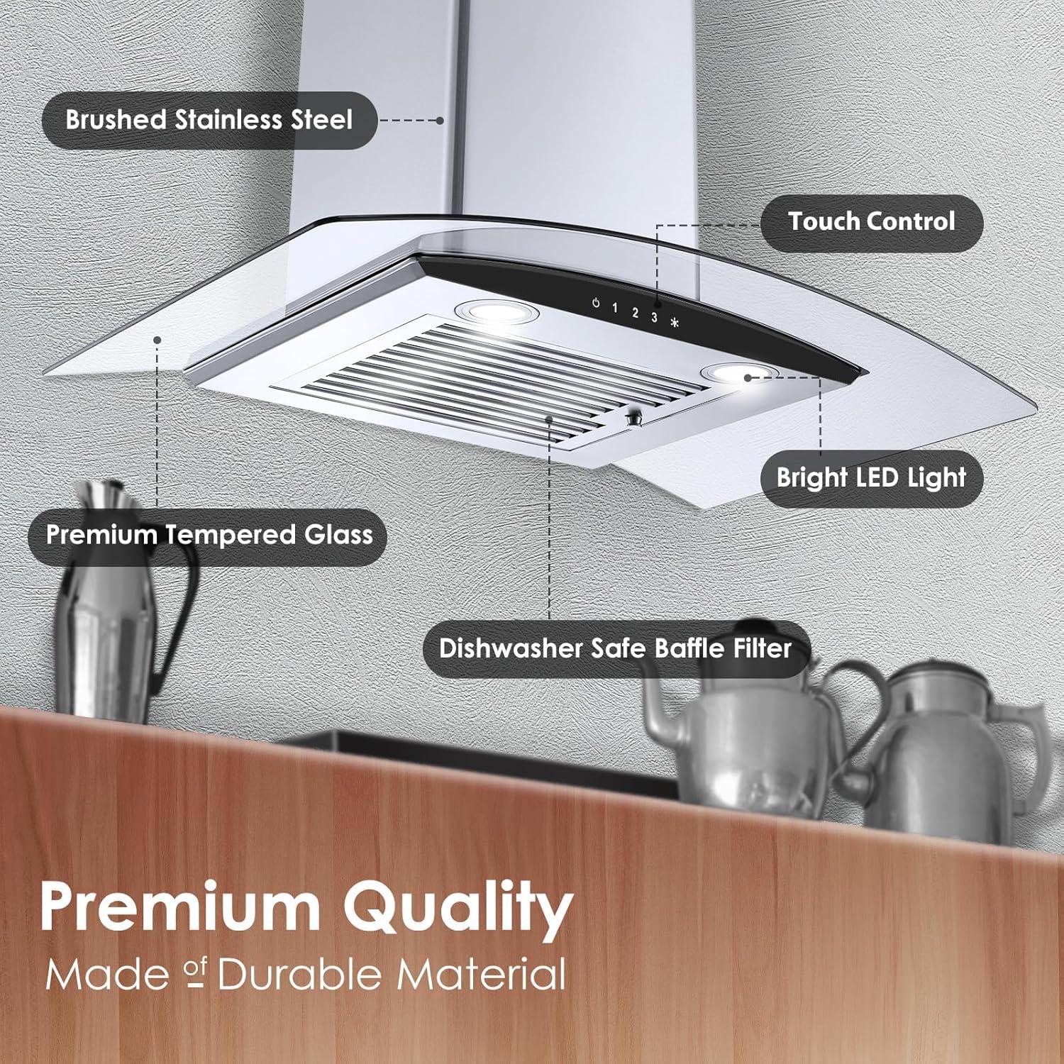 Tieasy 30" Stainless Steel 450 CFM Convertible Wall Range Hood with Baffle Filter