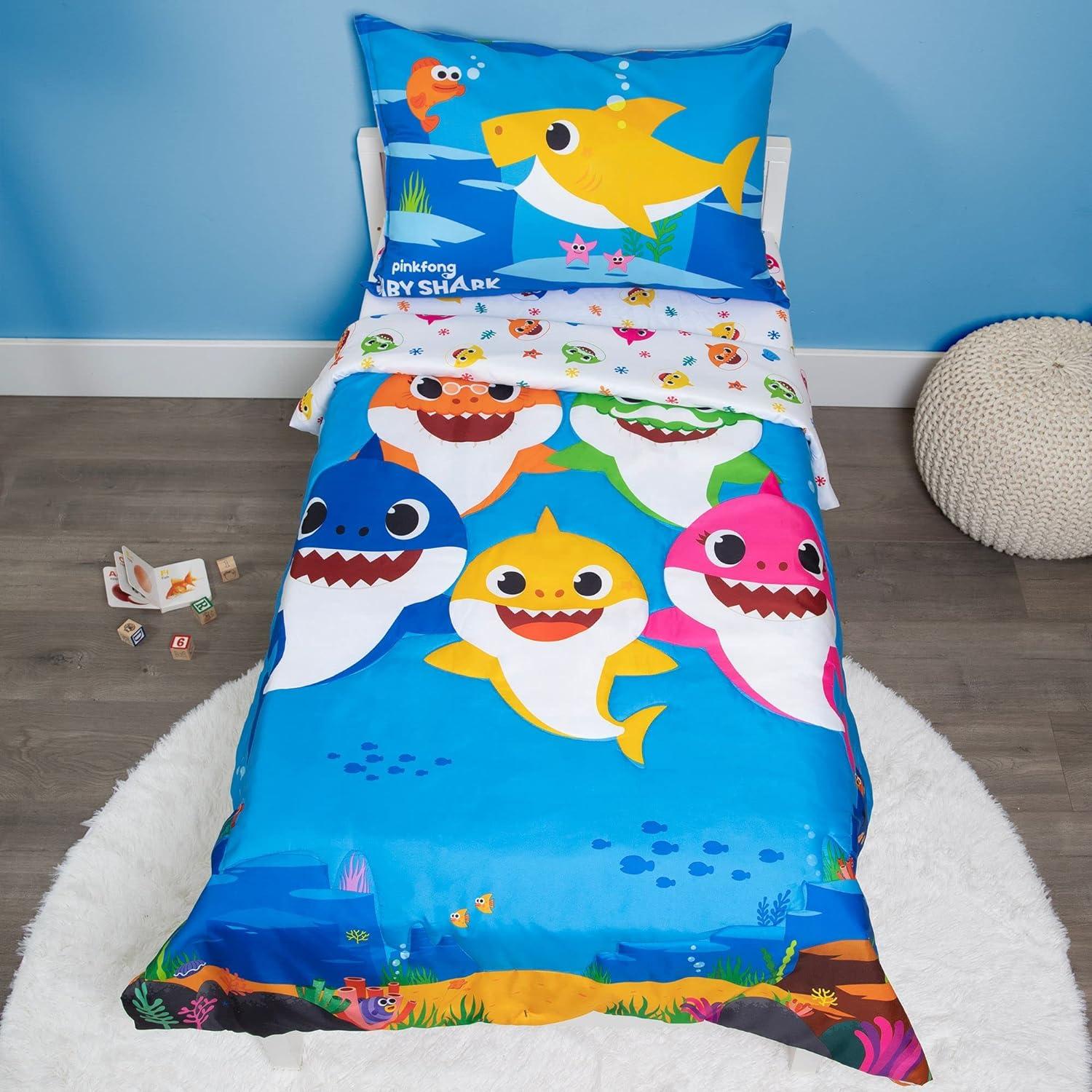 Baby Shark 4-Piece Toddler Bedding Set, Toddler Bed, Blue, Boy or Girl