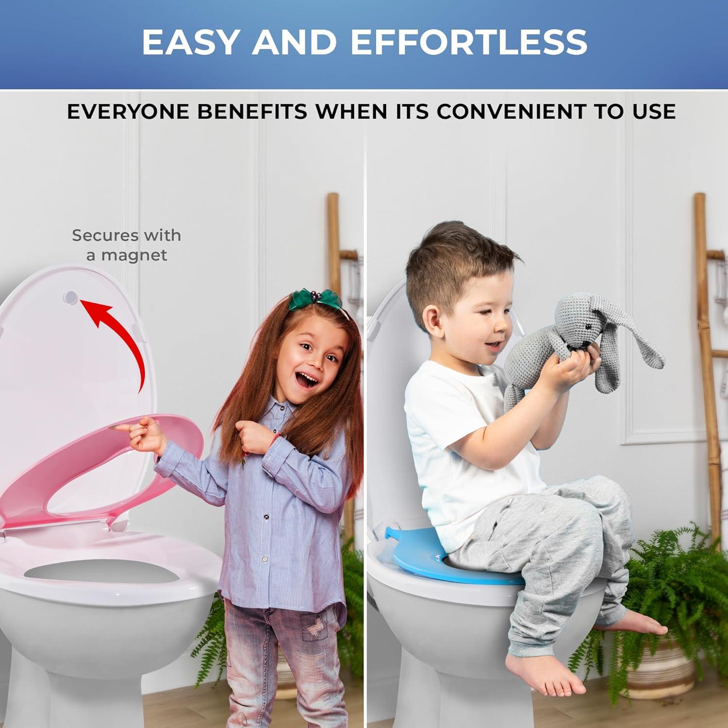 Elongated White Family Toilet Seat with Blue and Pink Toddler Attachments