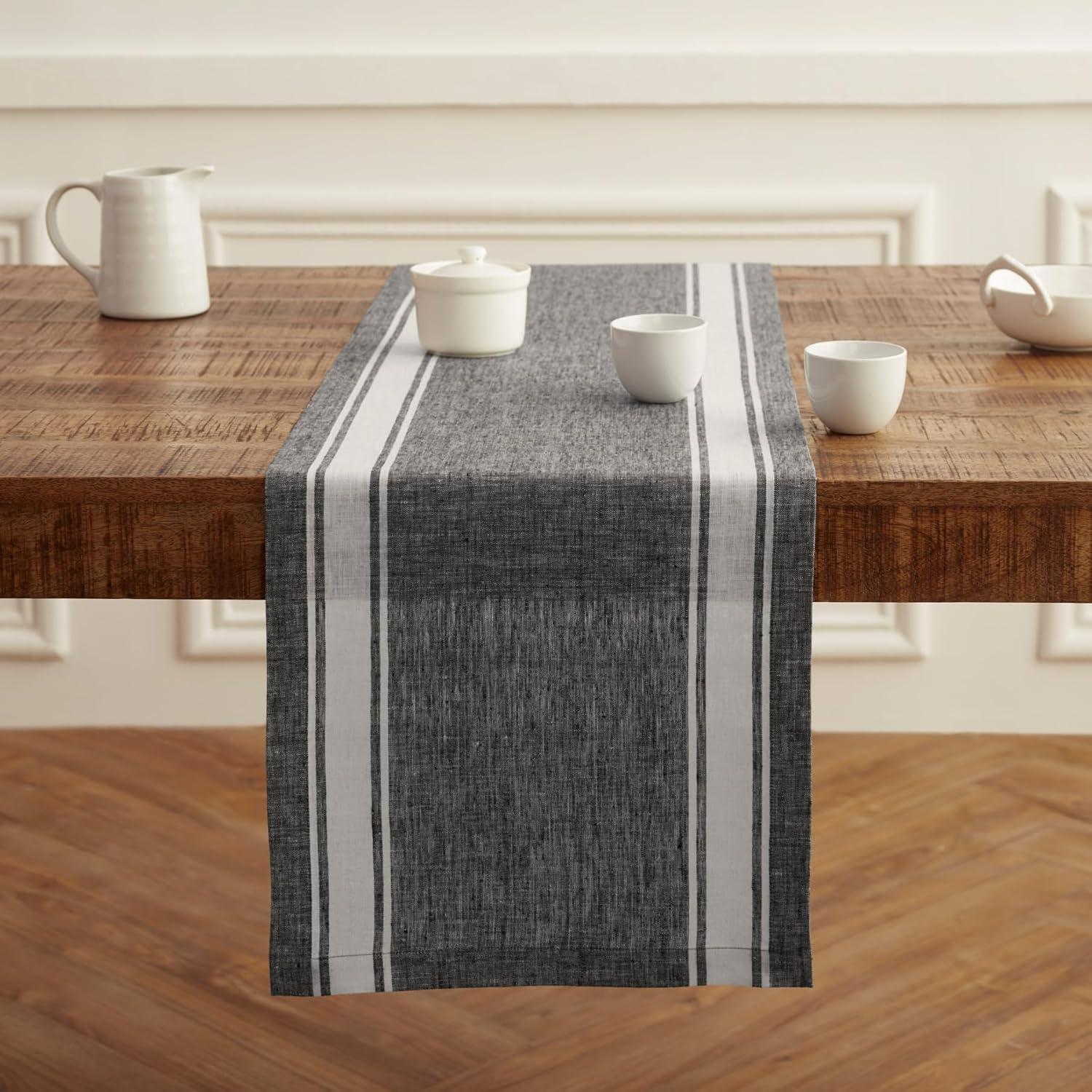 Black and White Farmhouse Stripe Linen Table Runner 14 x 36 Inch