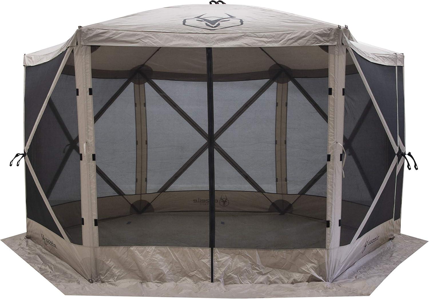 Gazelle Tents G6 8 Person 12 by 12 Pop Up 6 Sided Portable Hub Outdoor Gazebo Screen Canopy Tent with Large Main Door and Screens, Desert Sand