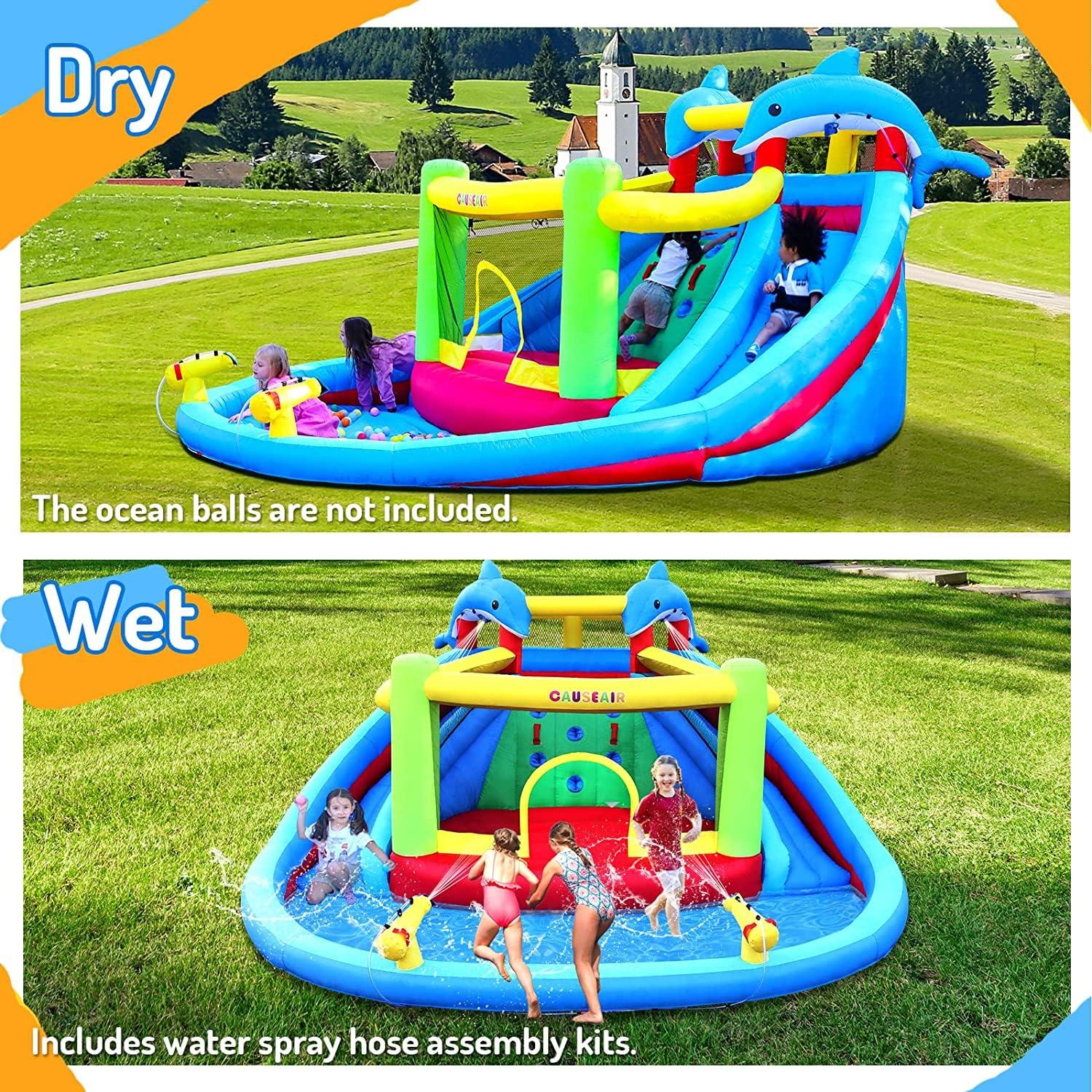 Inflatable Water Slide with Bounce House,Dolphin Styling,Splashing Pool,Double Water Cannon,Climbing Wall,Heavy Duty GFCI Blower,Inflatable Water Park Slide for Kids Backyard Summer