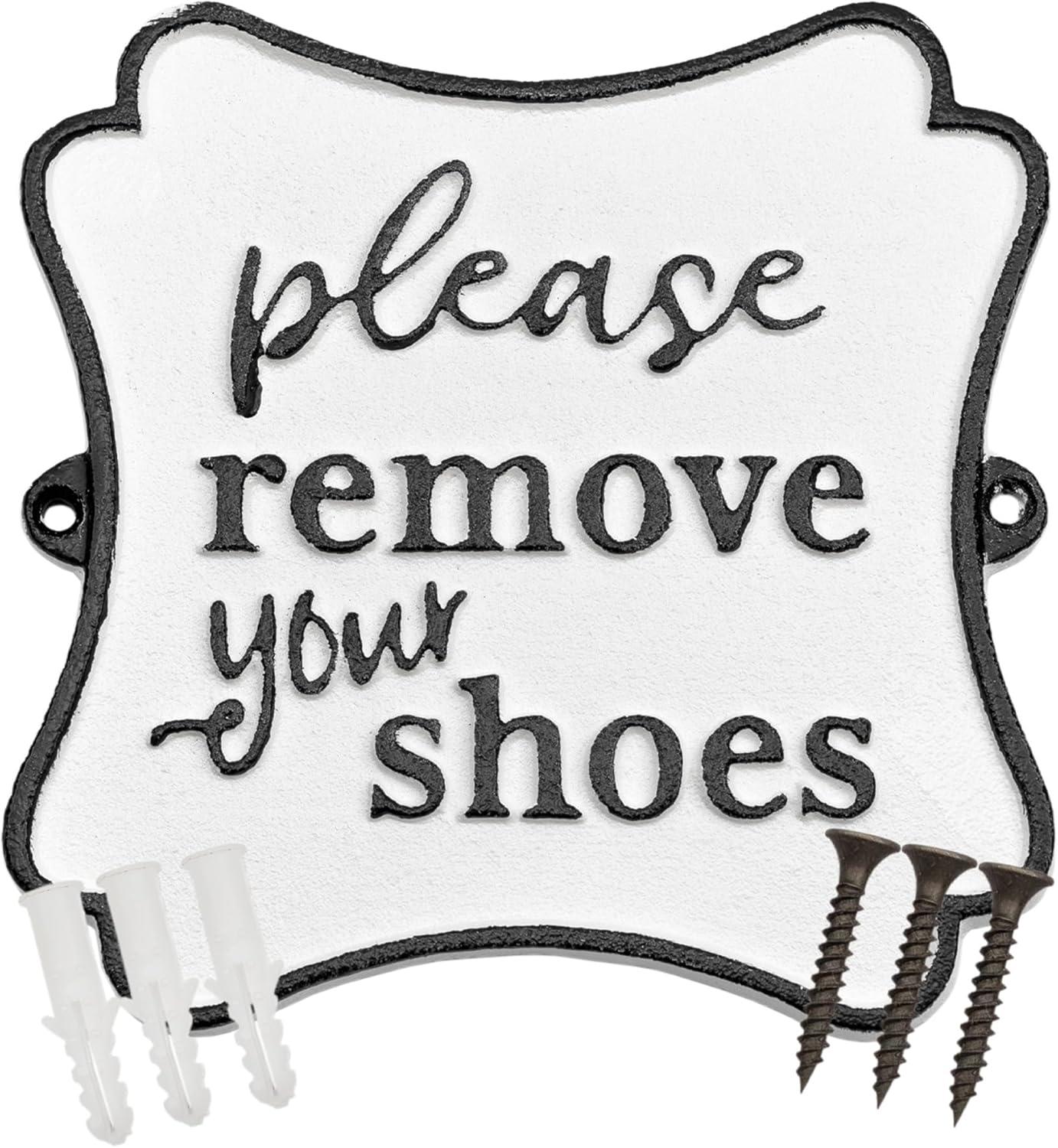 AuldHome Cast Iron Sign: Please Remove Your Shoes; Farmhouse Metal Plaque in Black and White 6.5 inches x 6.5 inches; Includes Mounting Hardware