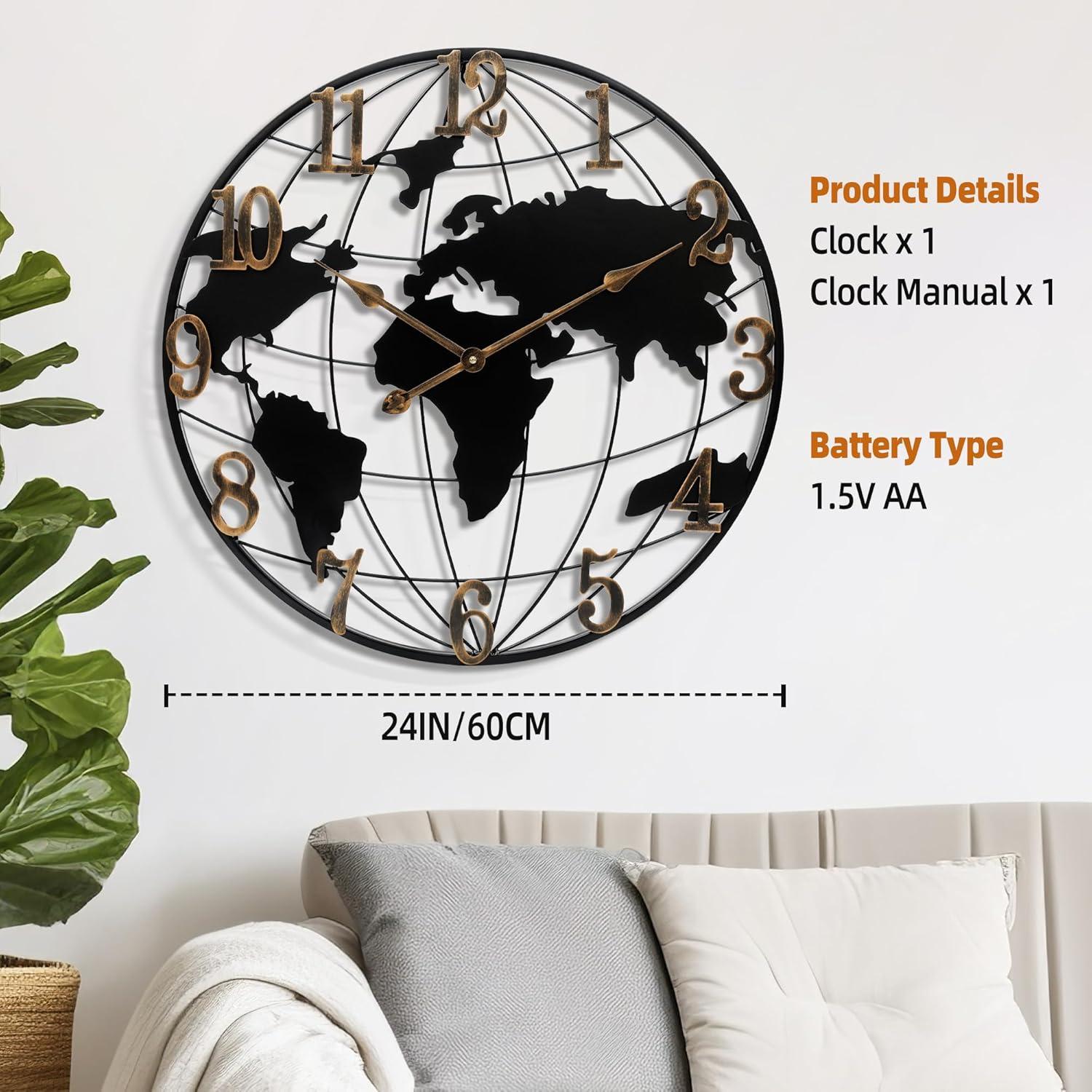 24-Inch Black and Gold Iron World Map Wall Clock