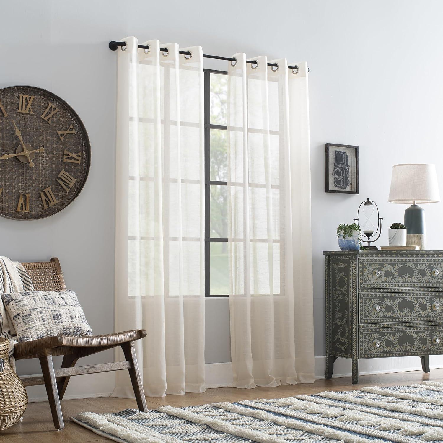 63"x52" Slub Textured Linen Blend Grommet Top Curtain Ivory - Archaeo: Light Filtering, Modern Indoor Panel