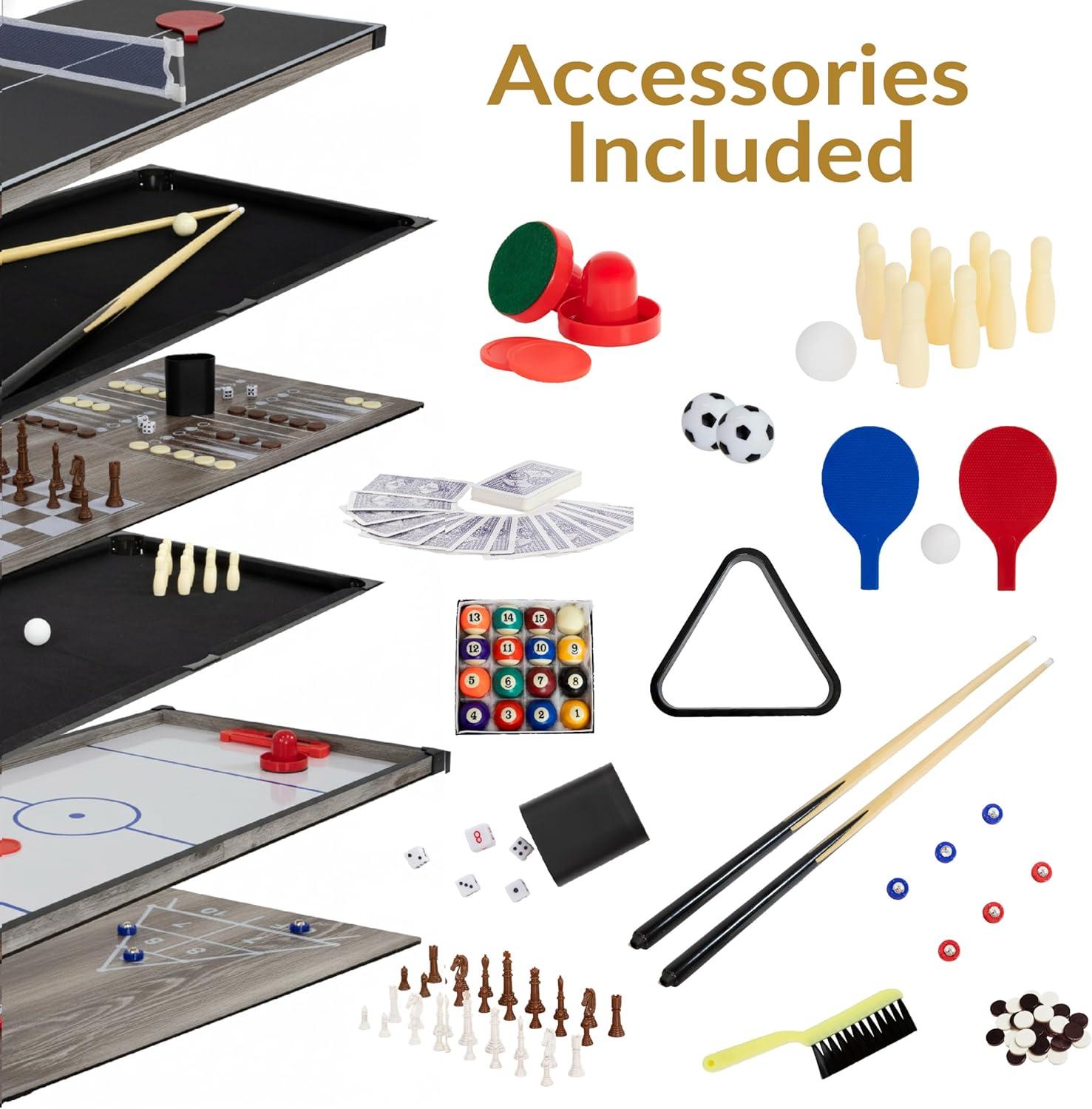 Sunnydaze Indoor Multi-Game Table with Billiards, Push Hockey, Foosball, Ping Pong, Bowling, and More - Classic Wood Stain