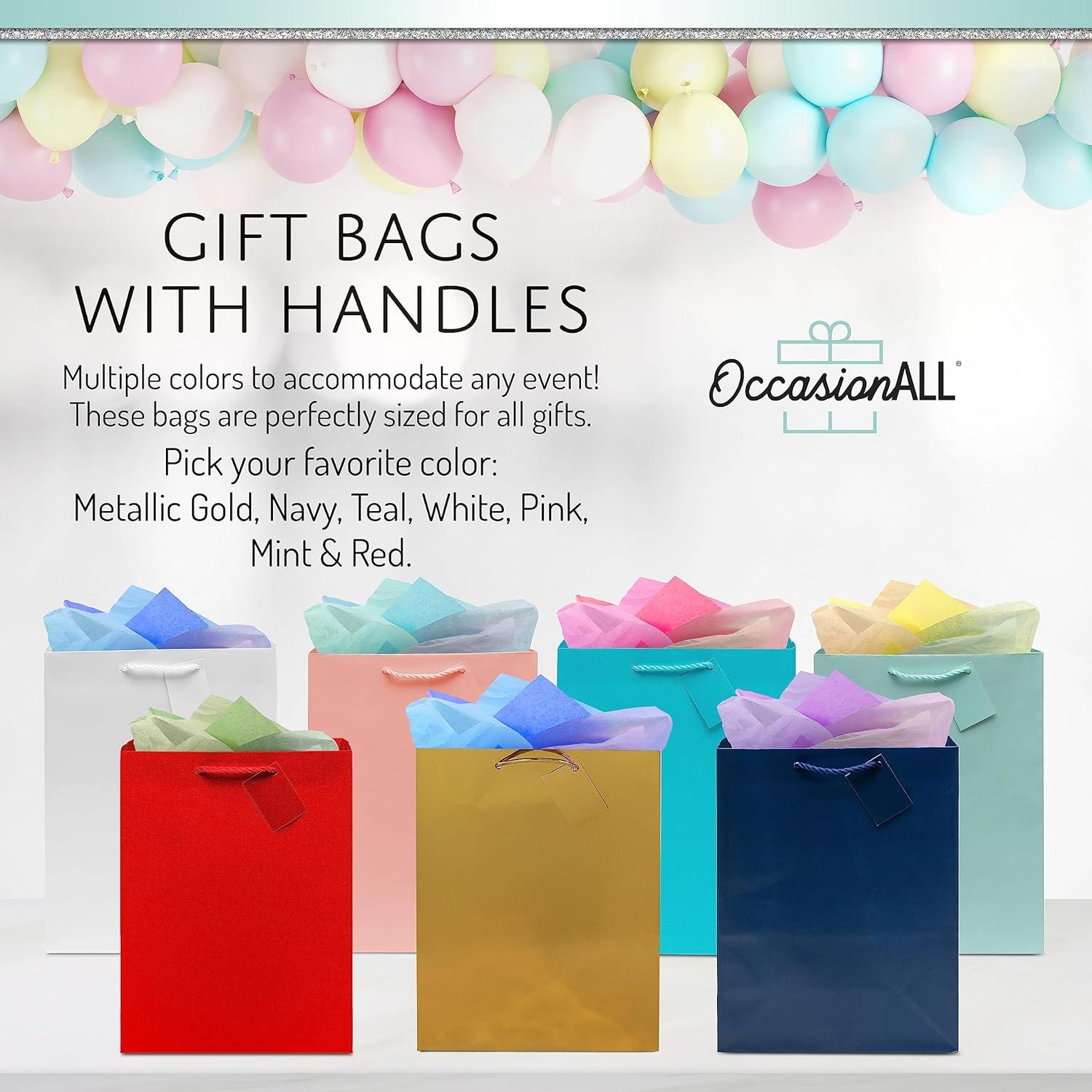 10x13x5" 12uds. Grandes Bolsas de Regalo de Papel Dorado Metalizado con Asas Metálicas, Bolsas de Regalo para Fiestas de Cumpleaños, Regalos de Bodas C8