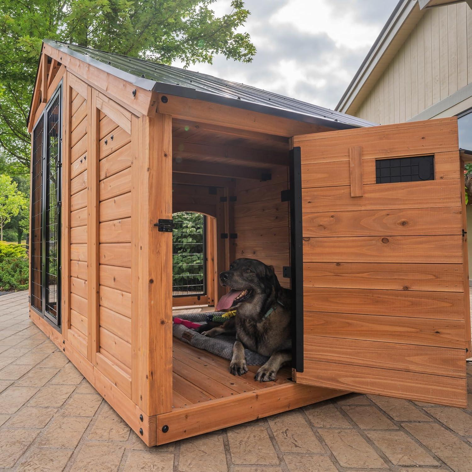 Large Cedar Wood Dog Kennel with Steel Roof and Feeding Tray