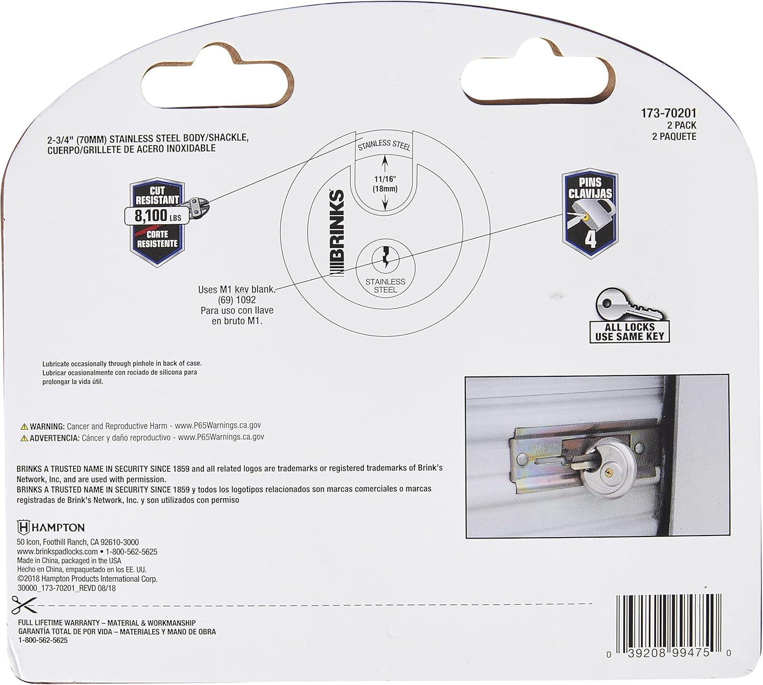 (2 pack) Brinks Commercial Stainless Steel 70mm Keyed Discus Padlock with 5/8in Shackle