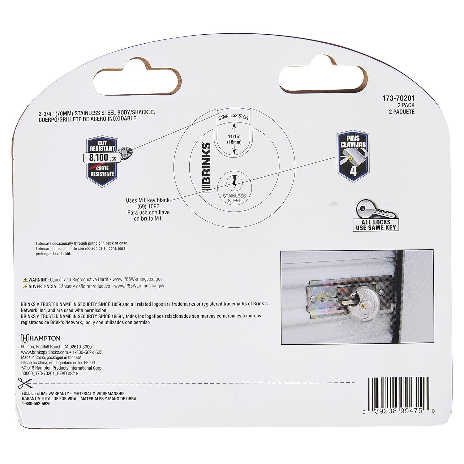 (2 pack) Brinks Commercial Stainless Steel 70mm Keyed Discus Padlock with 5/8in Shackle