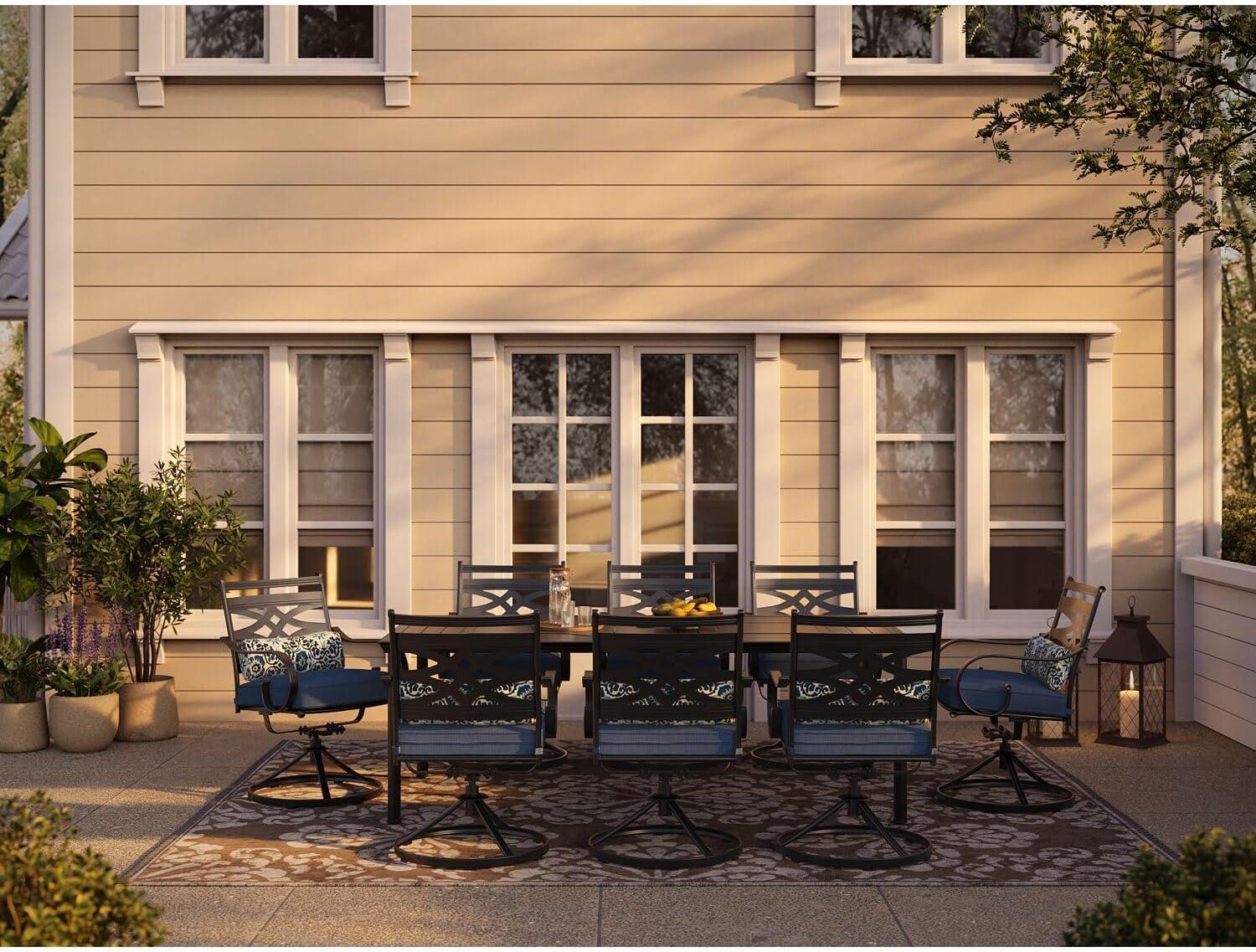 Hanover Montclair 9-Piece All-Weather Outdoor Patio Dining Set, 8 Swivel Rocker Chairs with Comfortable Seat and Lumbar Cushions, 84"x42" Stamped Rectangle Table, MCLRDN9PCSW8-NVY