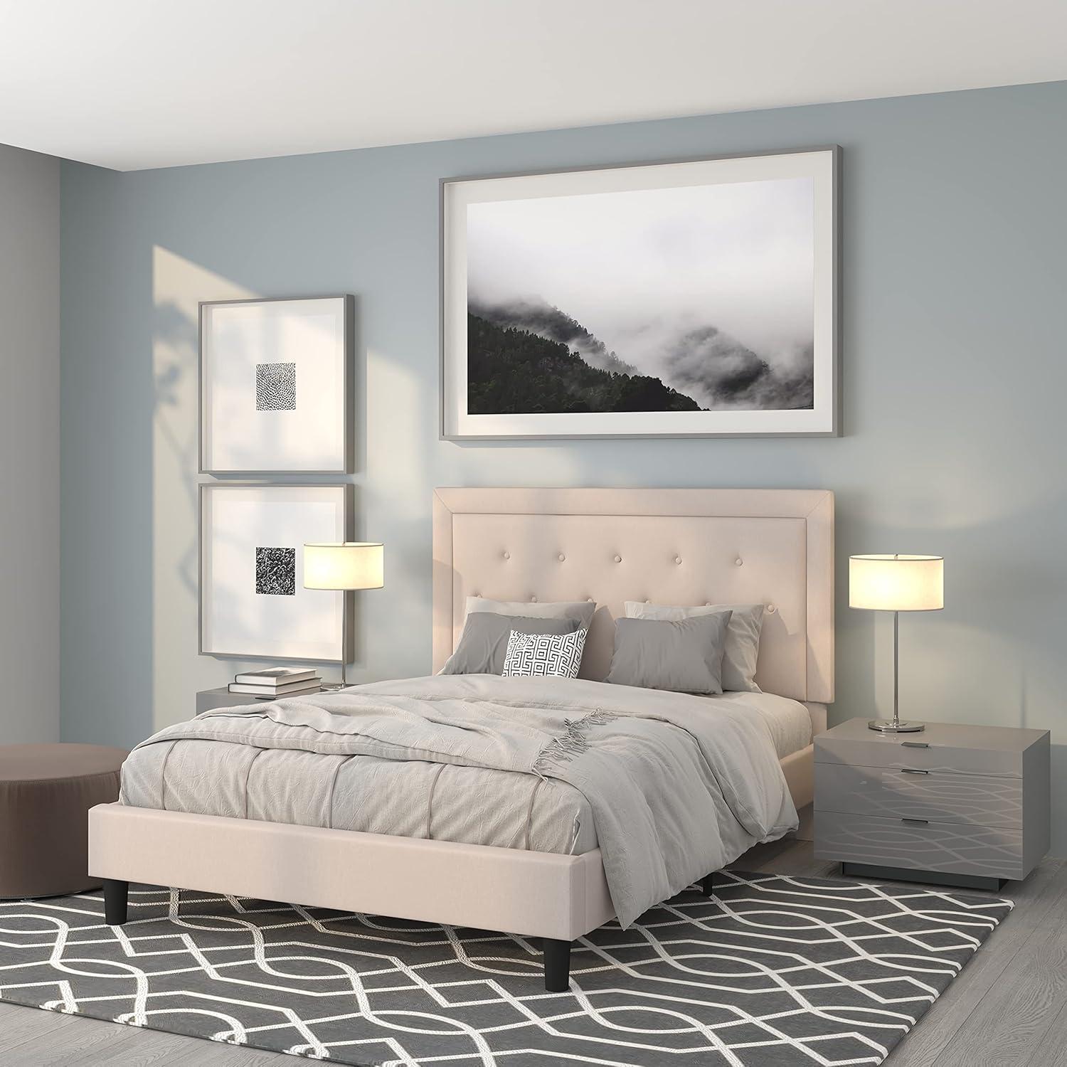 Flash Furniture Roxbury Queen Size Tufted Upholstered Platform Bed in Beige Fabric