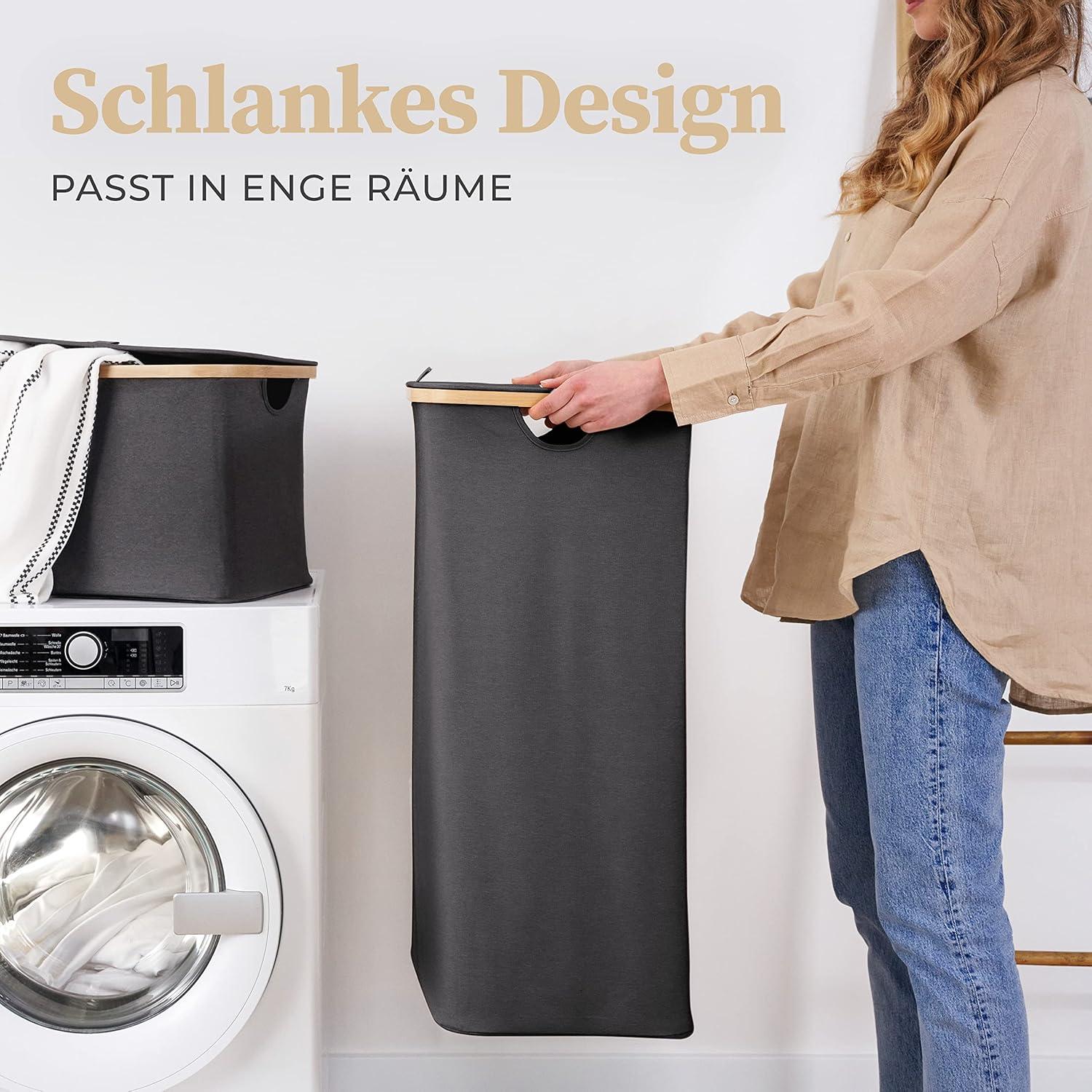 Hennez® Double Laundry Hamper with Lid, 2x Removable Bags, Thic Fabric, Bamboo Hamper 140Liter - 36gal - Light Gray