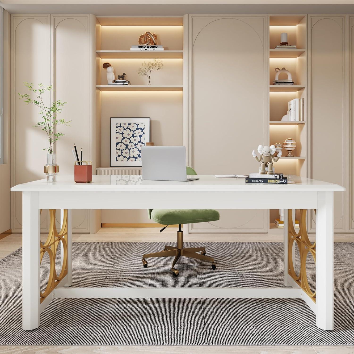 Glossy White and Gold Executive Office Desk with Geometric Design