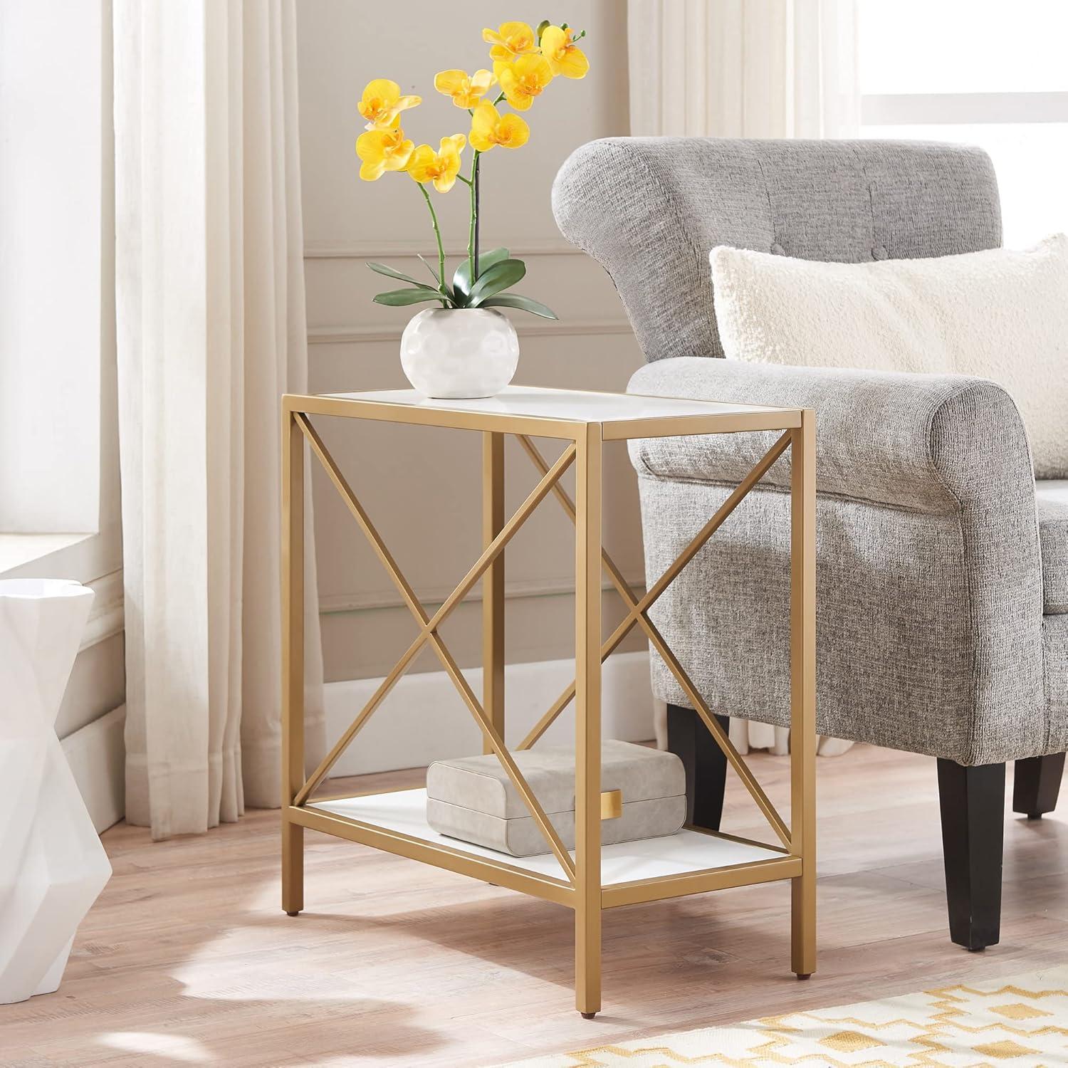 Narrow White and Gold Metal Frame Wood Top End Table