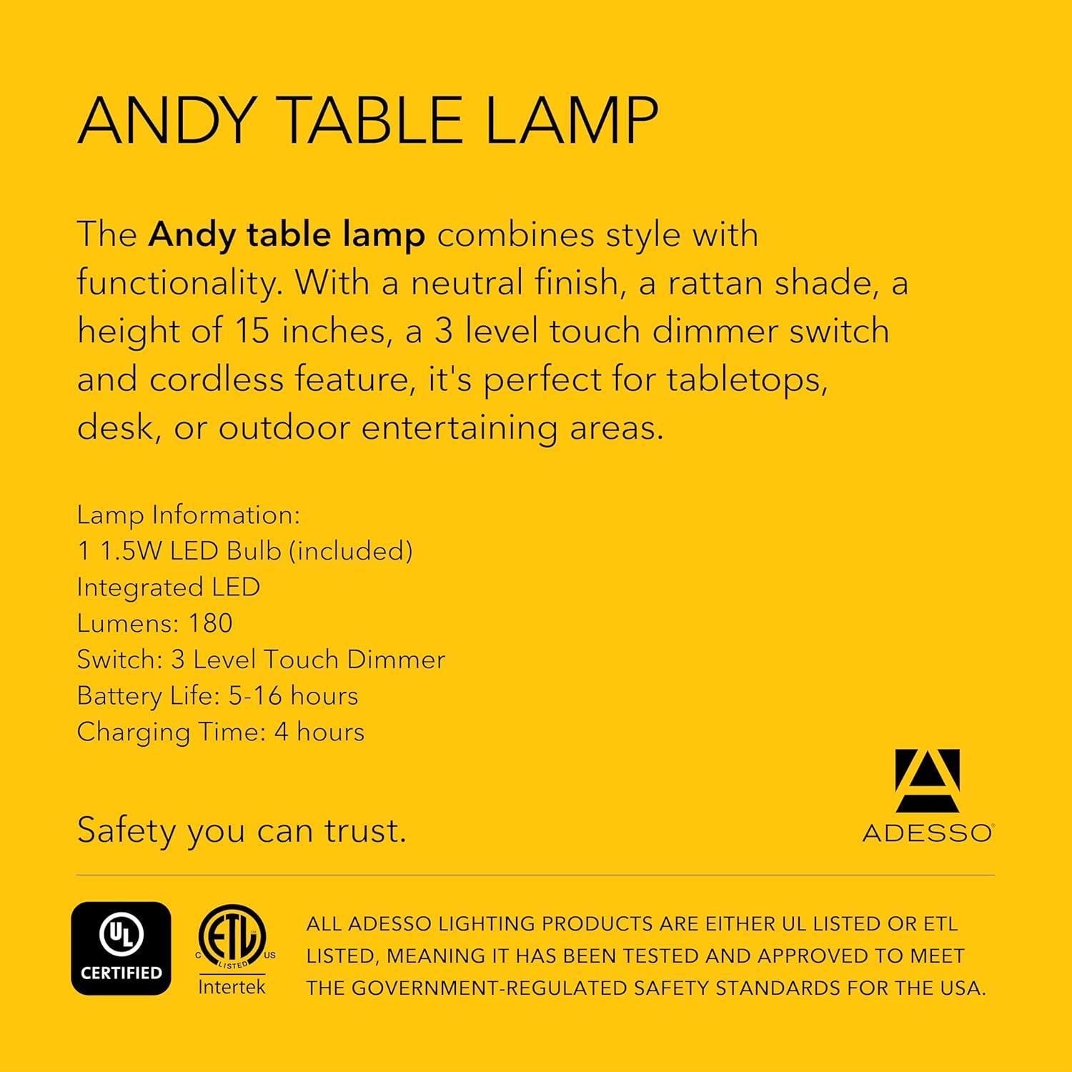 Adesso Benny Cordless Table Lamp (Includes LED Light Bulb) Black: ETL Listed, Touch Sensor, 3-Way Light Settings