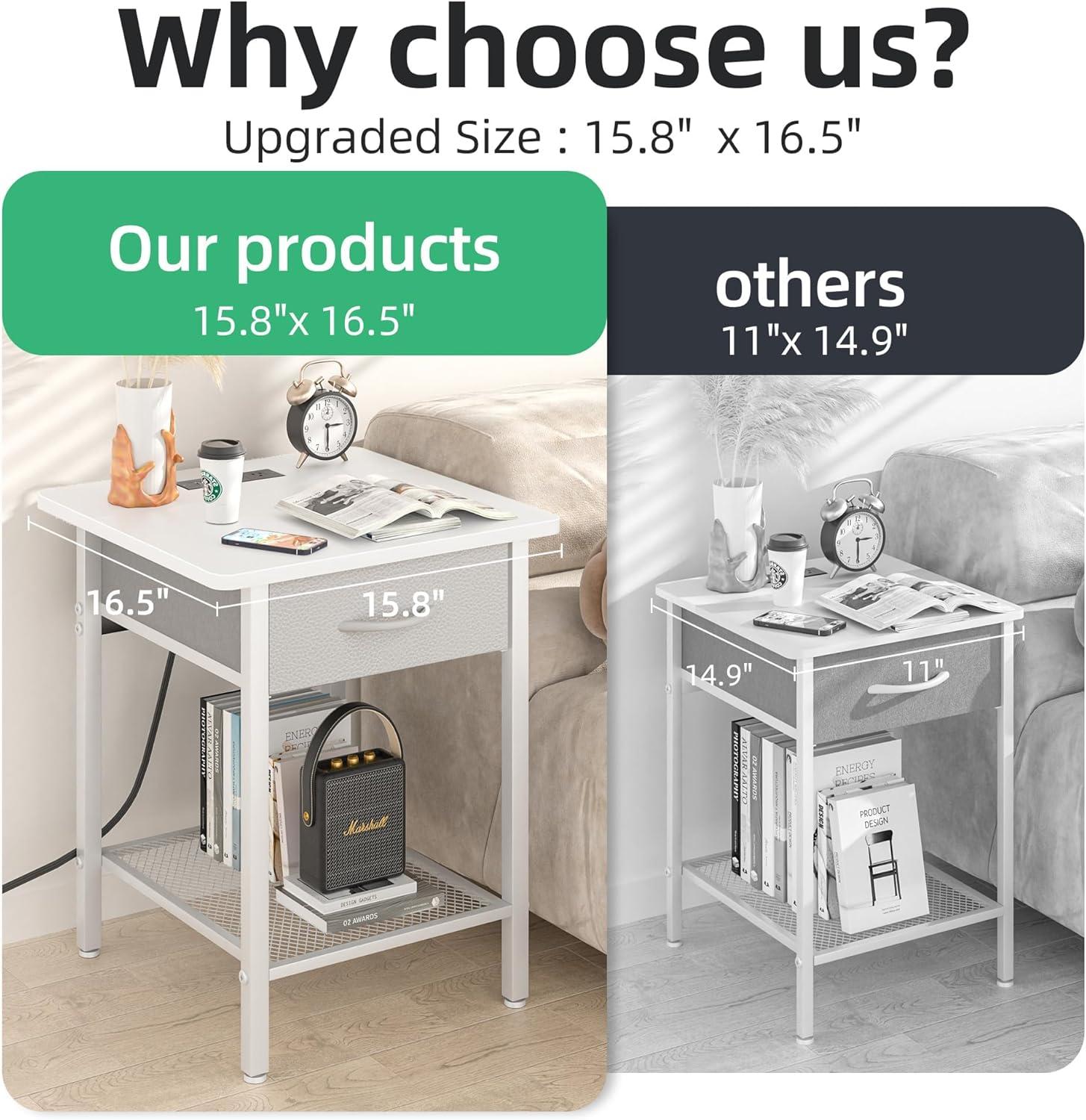 17 Stories Nightstands Set Of 2 With Charging Station And Fabric Storage Drawer,16.5" X 15.8" Side Table With Storage For Bedroom, Bedside Tables With Steel Fram