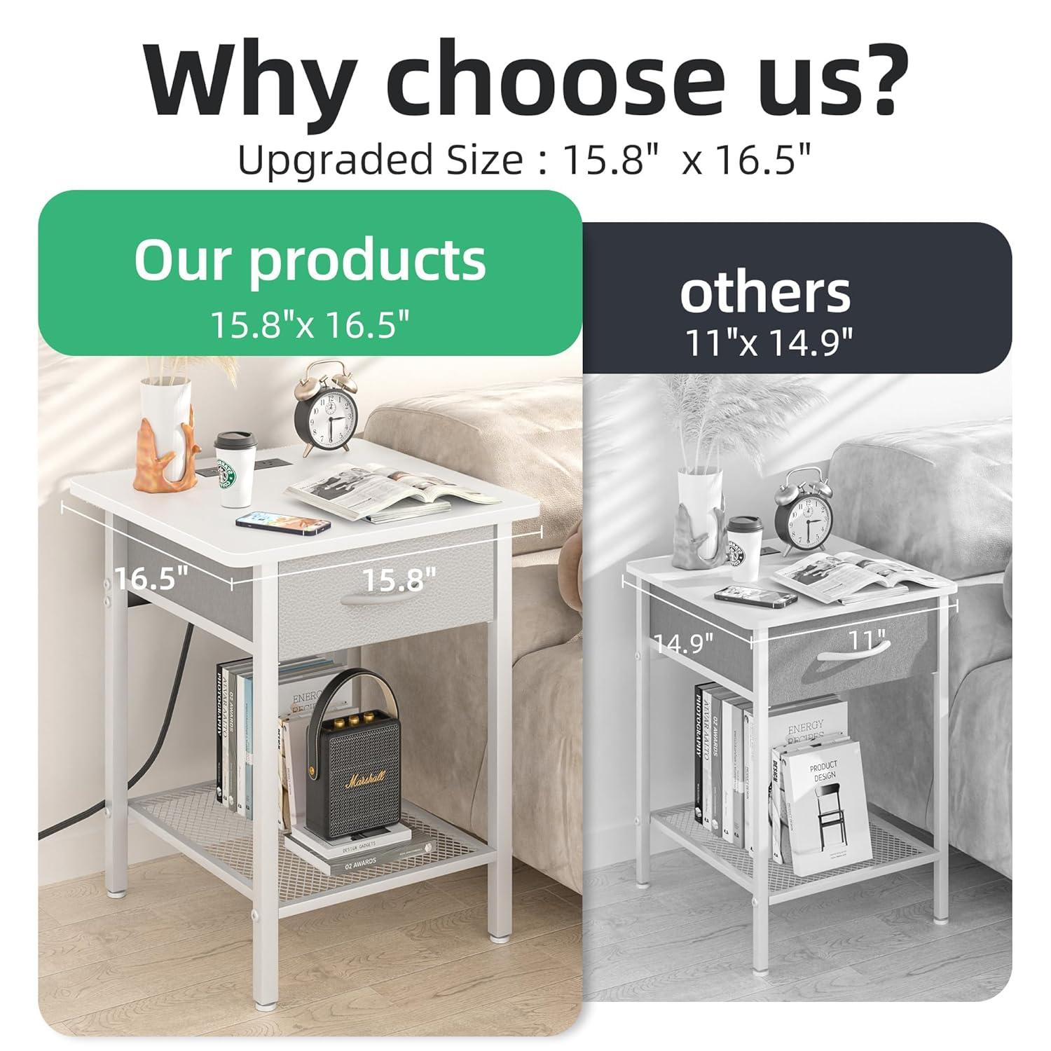 17 Stories Nightstands Set Of 2 With Charging Station And Fabric Storage Drawer,16.5" X 15.8" Side Table With Storage For Bedroom, Bedside Tables With Steel Fram