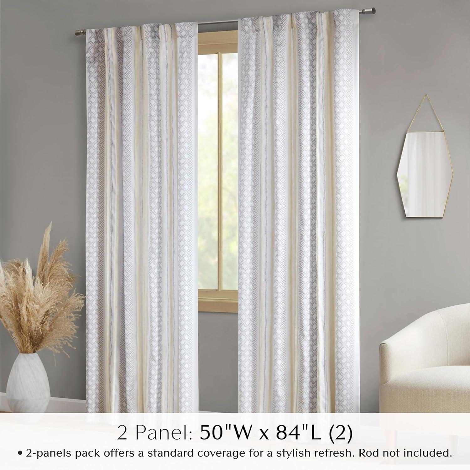 Ebby White and Taupe Geometric Velvet Polyester Window Panels