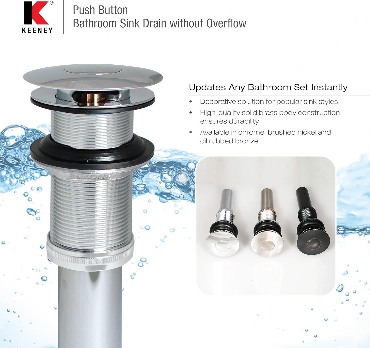 Keeney Decorative Solid Brass Pop-Up Drain for Bathroom Sinks Without Overflow, Chrome