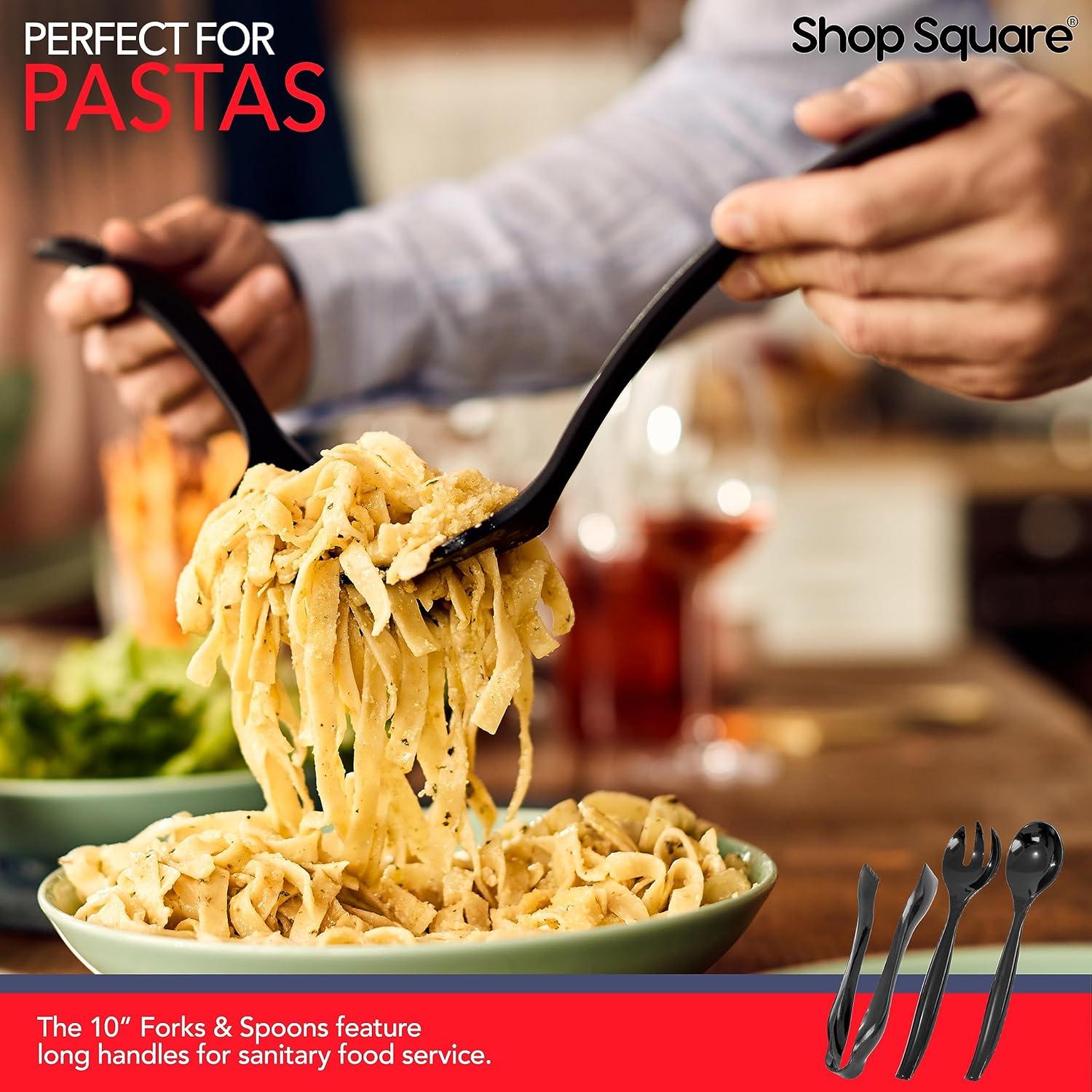 Disposable Serving Utensils - Set of 18 Party Utensils, 6 Each 6" Tongs, 10” Spoons, 10” Forks, Black