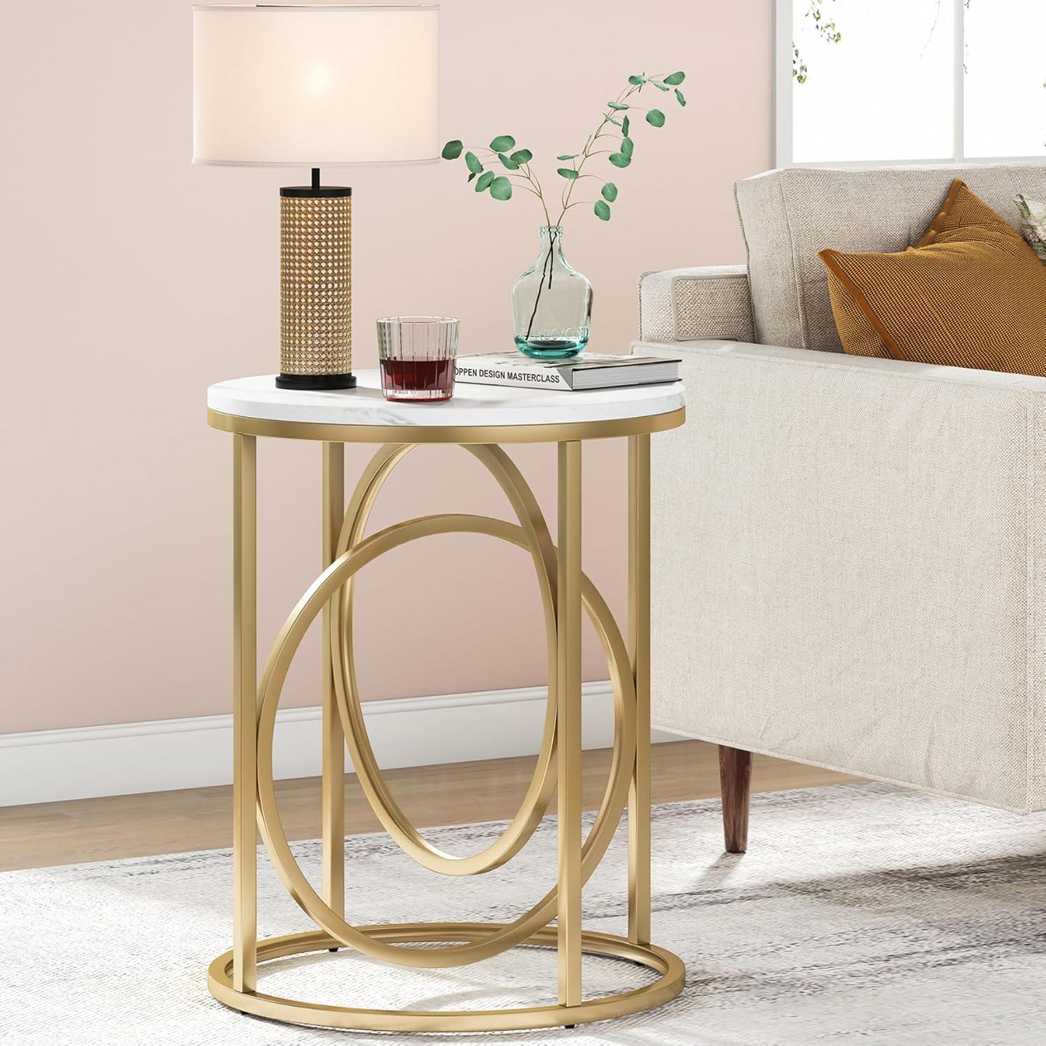 Tribesigns Morden Round End Table with Faux Marble White Top, 20" Sofa Side Table Coffee Table Cocktail Table with Unique Gold O-shaped Base for Living Room Bedroom