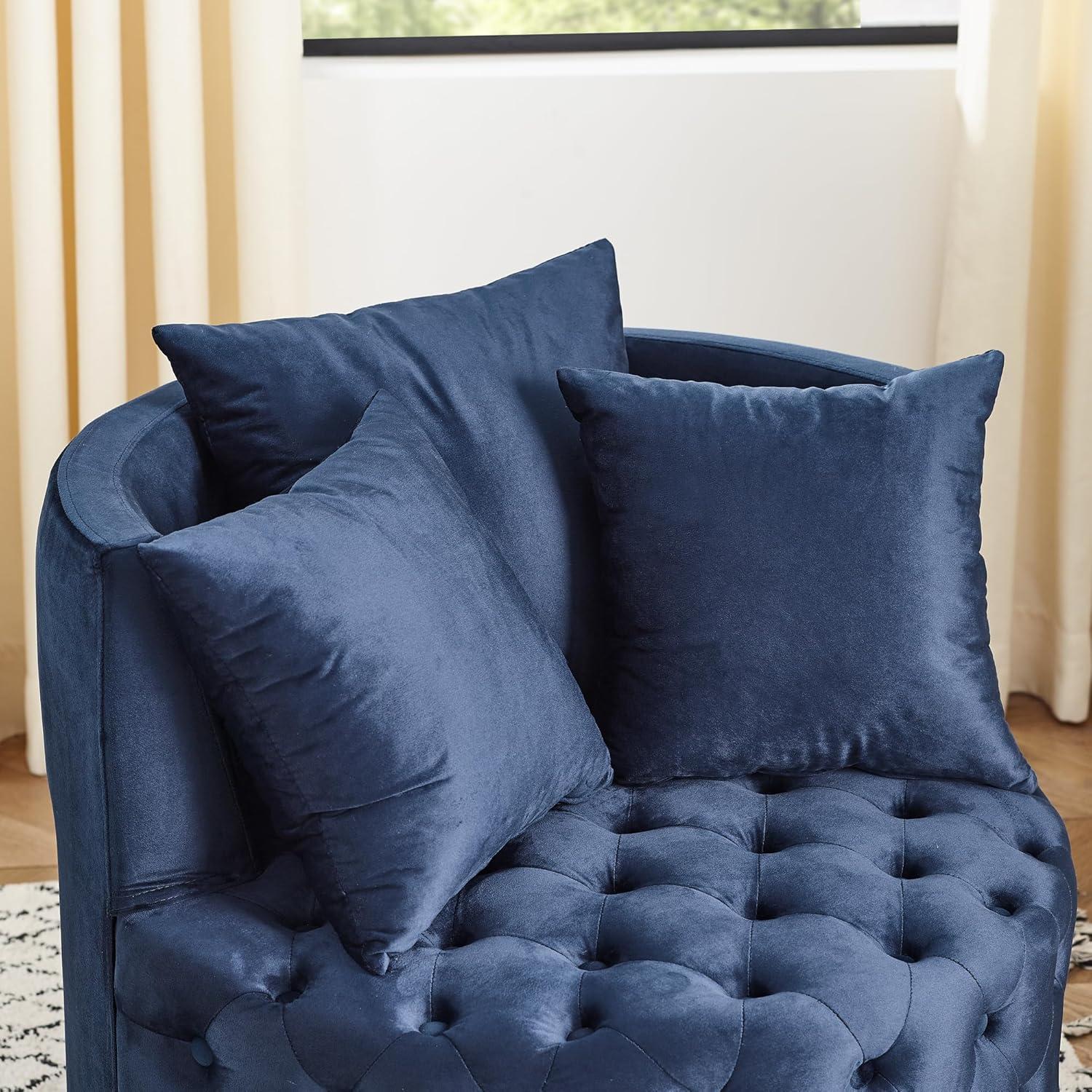 Velvet Upholstered Swivel Chair with 4 Universal Caster Wheels, Wooden Button Tufted Design Single Sofa Chair with 3 Pillows for Apartment, Office, Living Room & Bedroom (Blue)