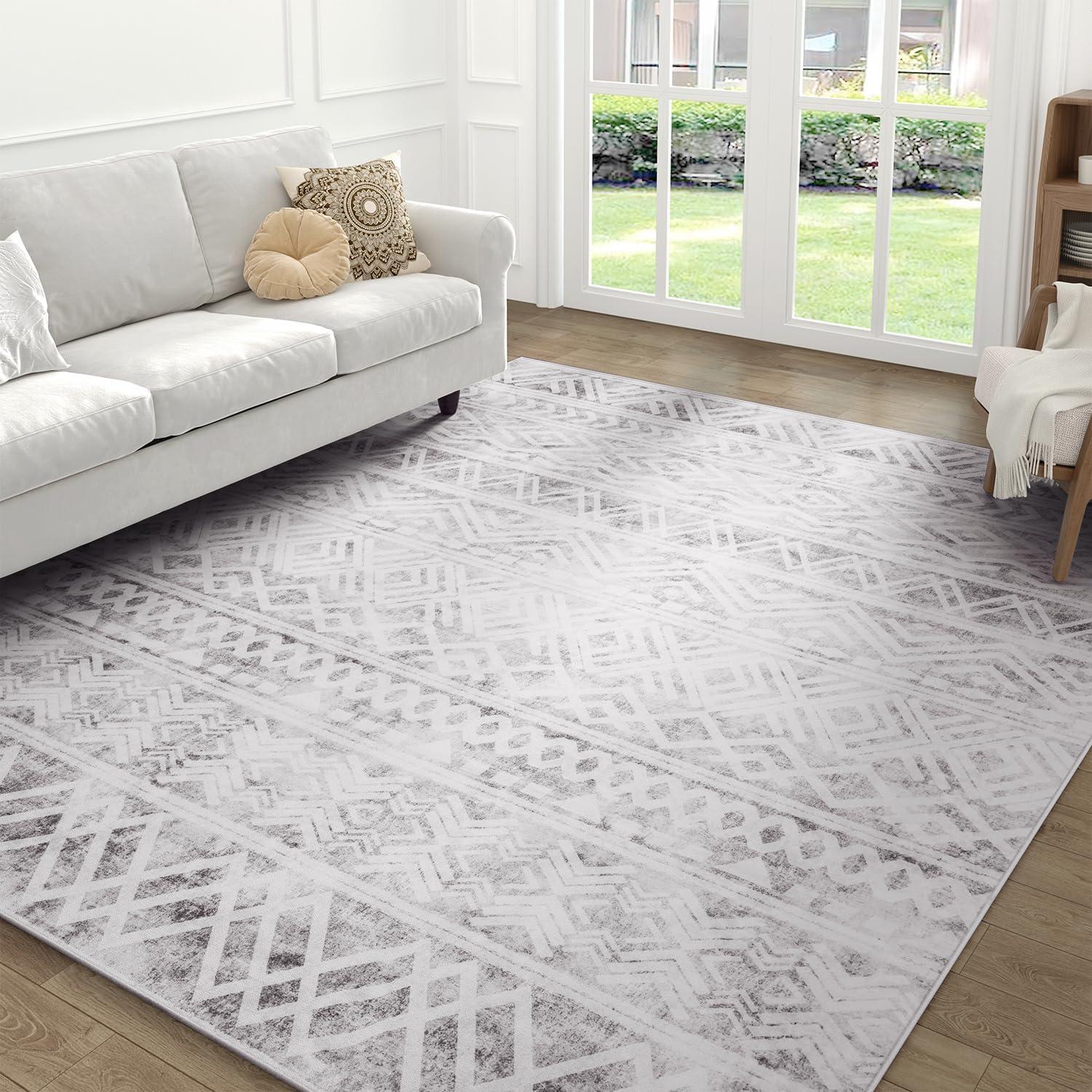 5'x7' Area Rugs for Living Room Machine Washable Rug Boho Geometric Indoor Area Rug Neutral Moroccan Style Ultra Soft Foldable Non-Slip Bedroom Rug Dining Room Office Modern Carpet Grey