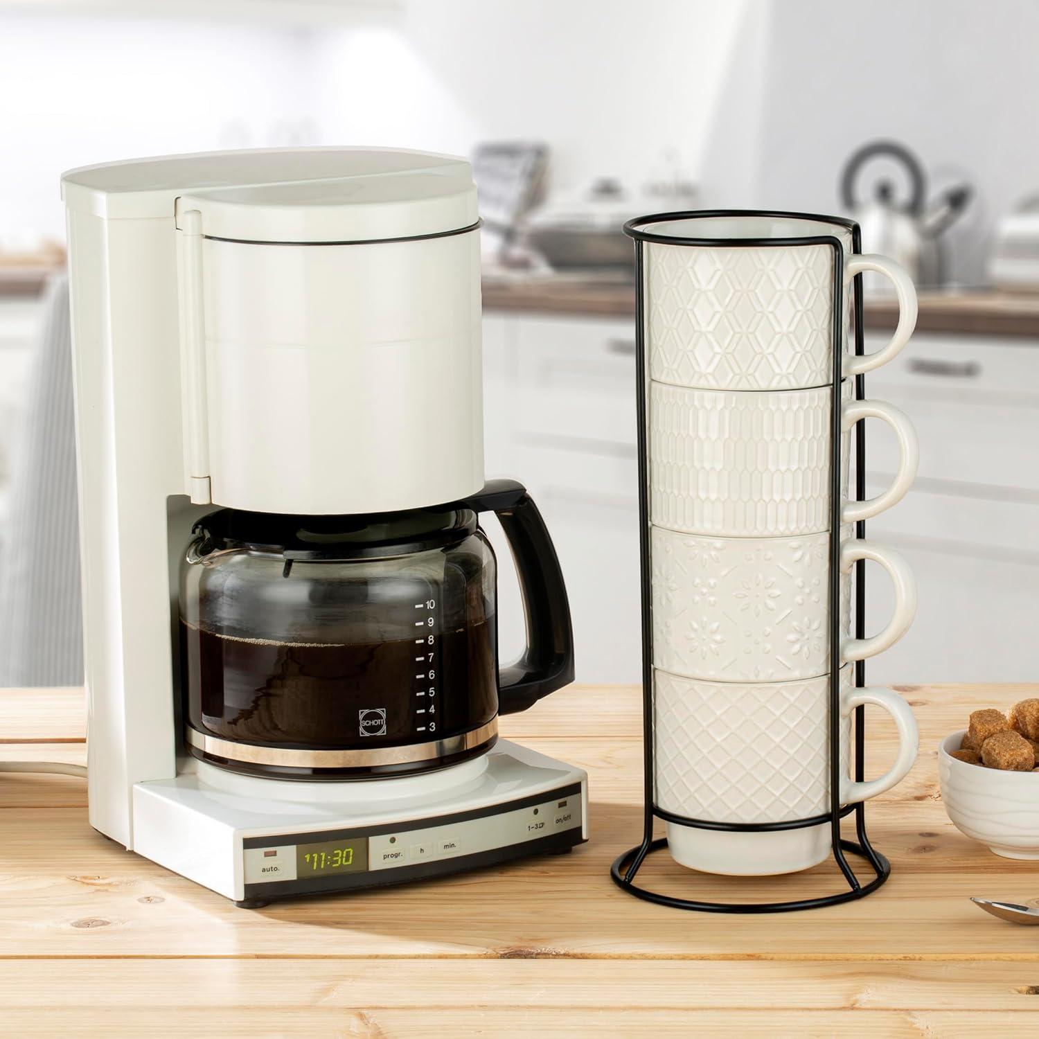 Signature Housewares Stackable Coffee Mug Tower Set with Metal Wire Rack - 15 Ounce Coffee Mugs for Coffee, Tea, Cocoa, Milk, Cappuccino, Hot Chocolate Set of 4 - White Glazed Ceramic