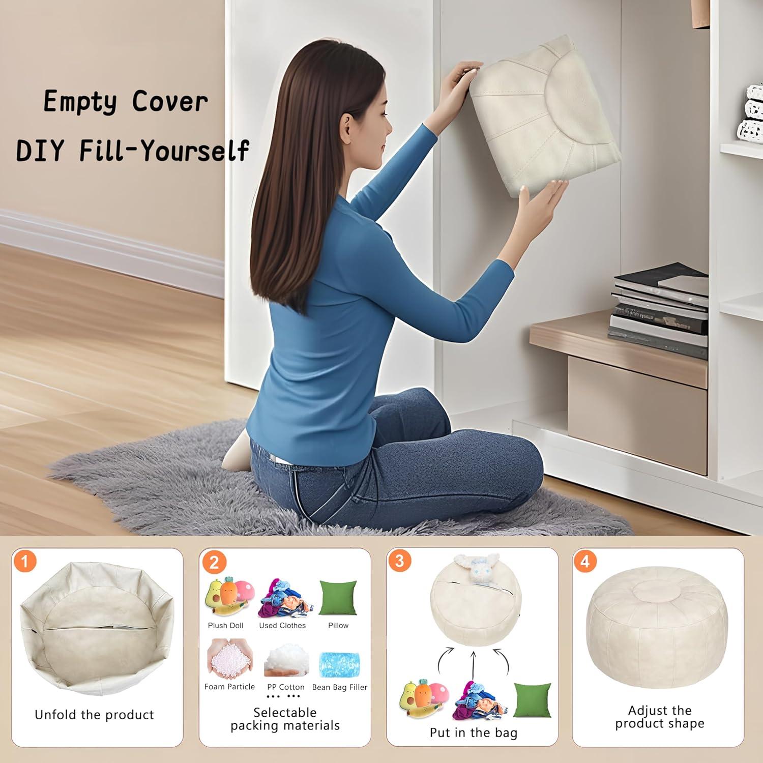 Unstuffed Handmade Moroccan Round Pouf Foot Stool Ottoman Seat Faux Leather Large Storage Bean Bag Floor Chair Foot Rest For Living Room, Bedroom Or Wedding Gifts