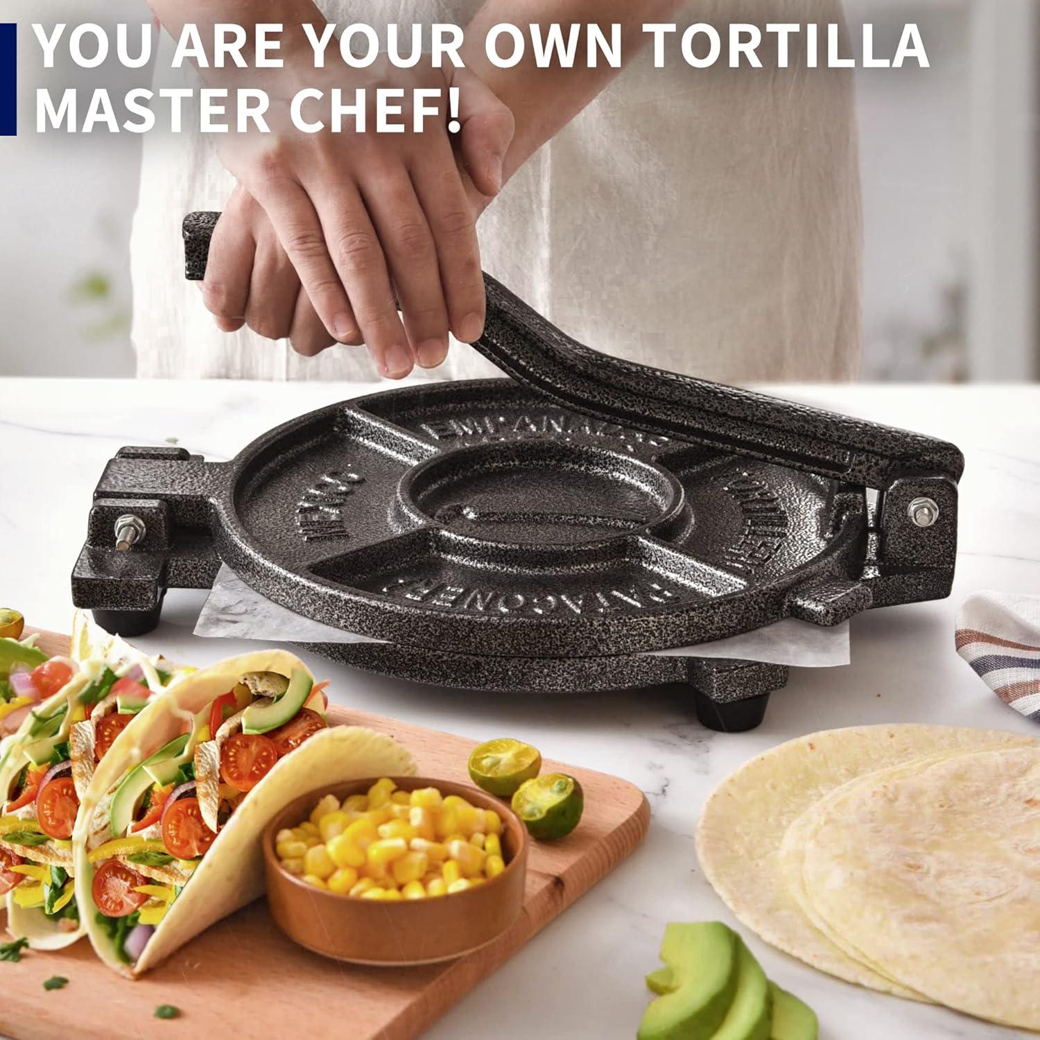 ARC Tortilla Press 10" with 100 Pcs Parchment Paper, Cast Iron Tortilla Maker, Black Gray