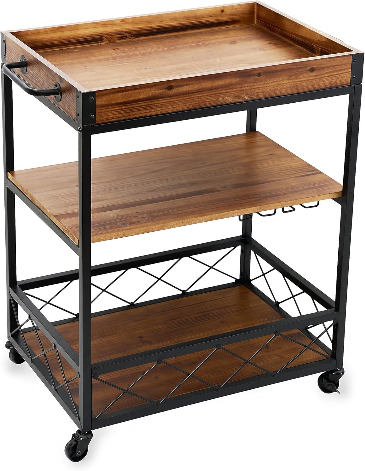 Rustic Rubberwood and Metal 3-Tier Bar Cart with Wine Rack