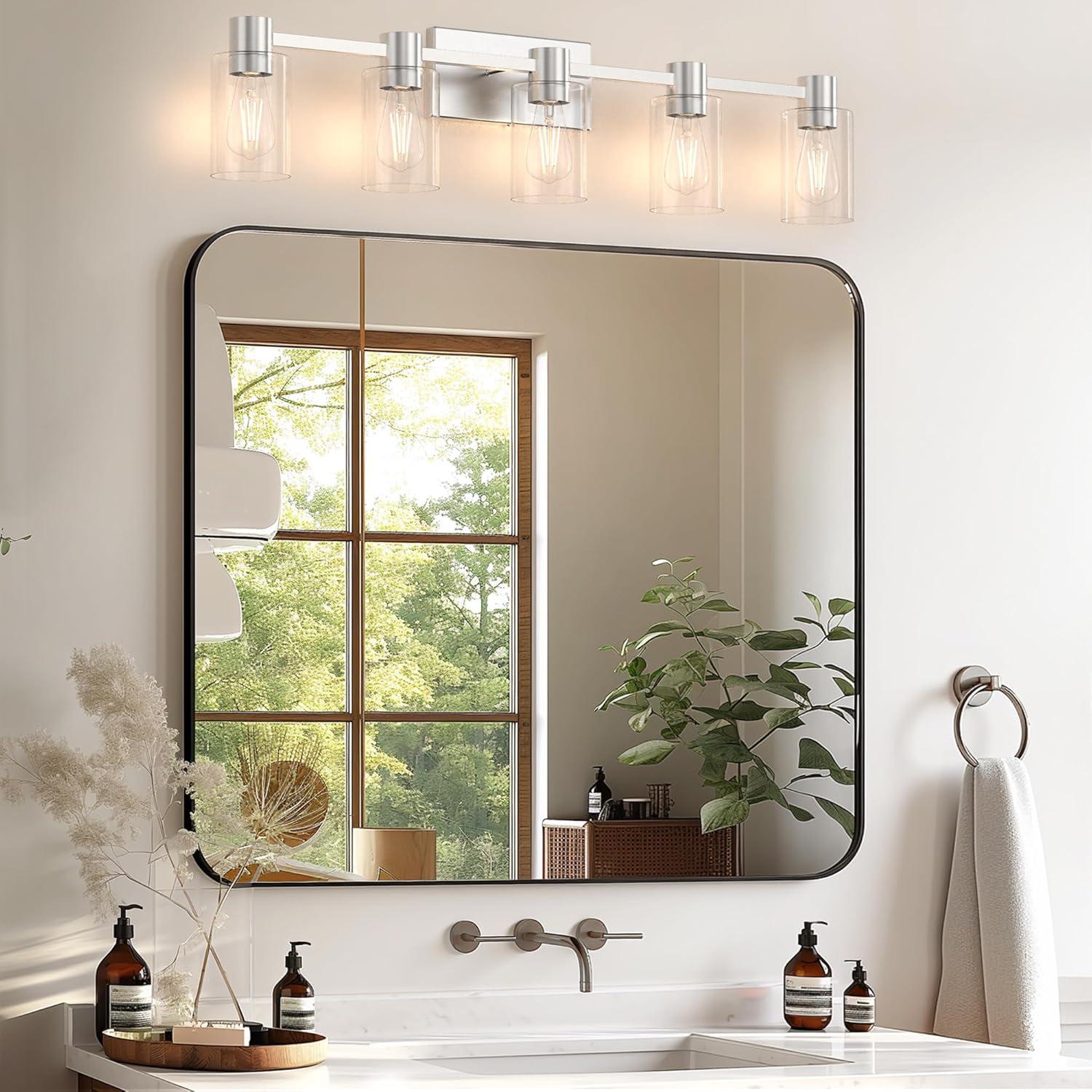 3-Light Brushed Nickel Wall Sconces for Bathroom, Modern Vanity Light Fixtures Over Mirror, Wall Lamp with Clear Glass Shade, E26 Wall Sconces Over Mirror for Bathroom, Living Room, Hallway