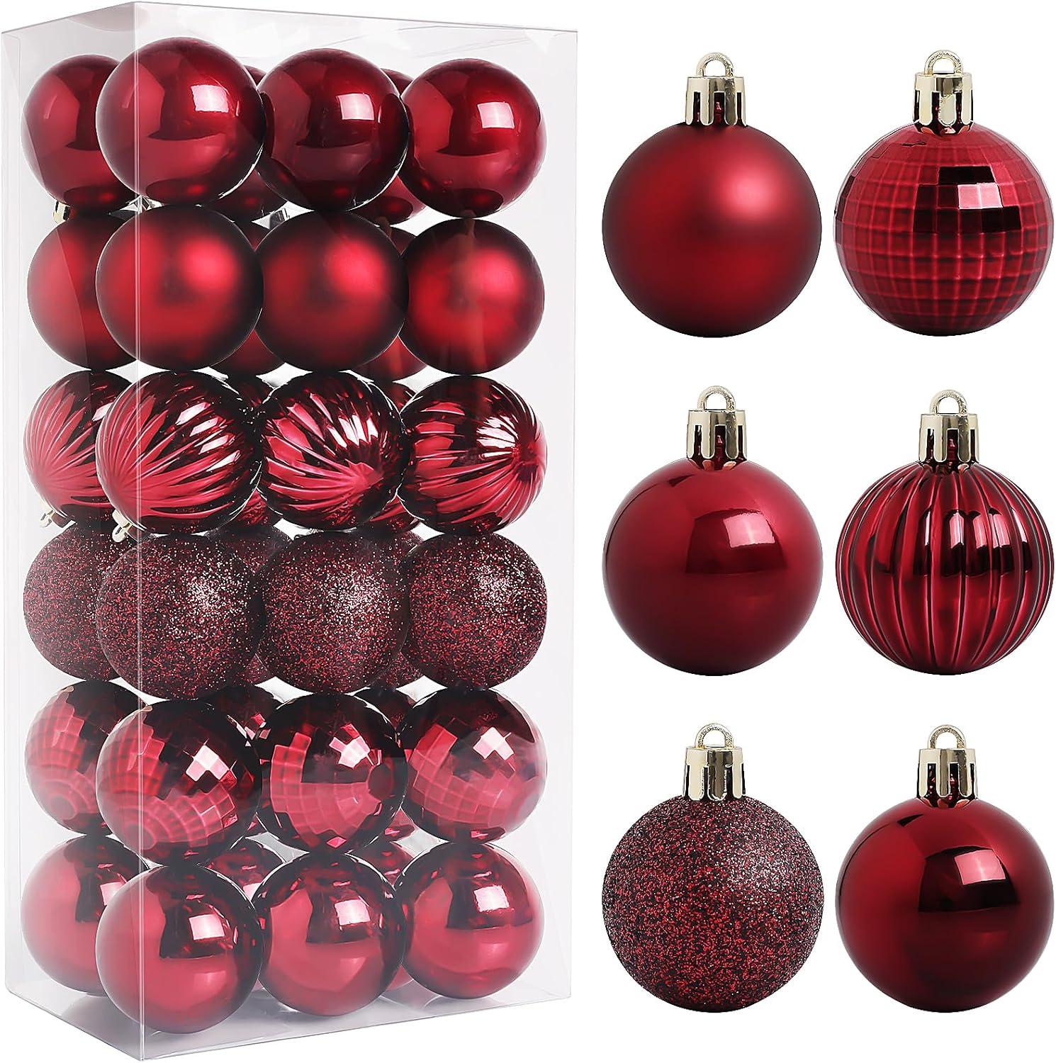 Wine Red Shatterproof Plastic Christmas Ball Ornaments Set